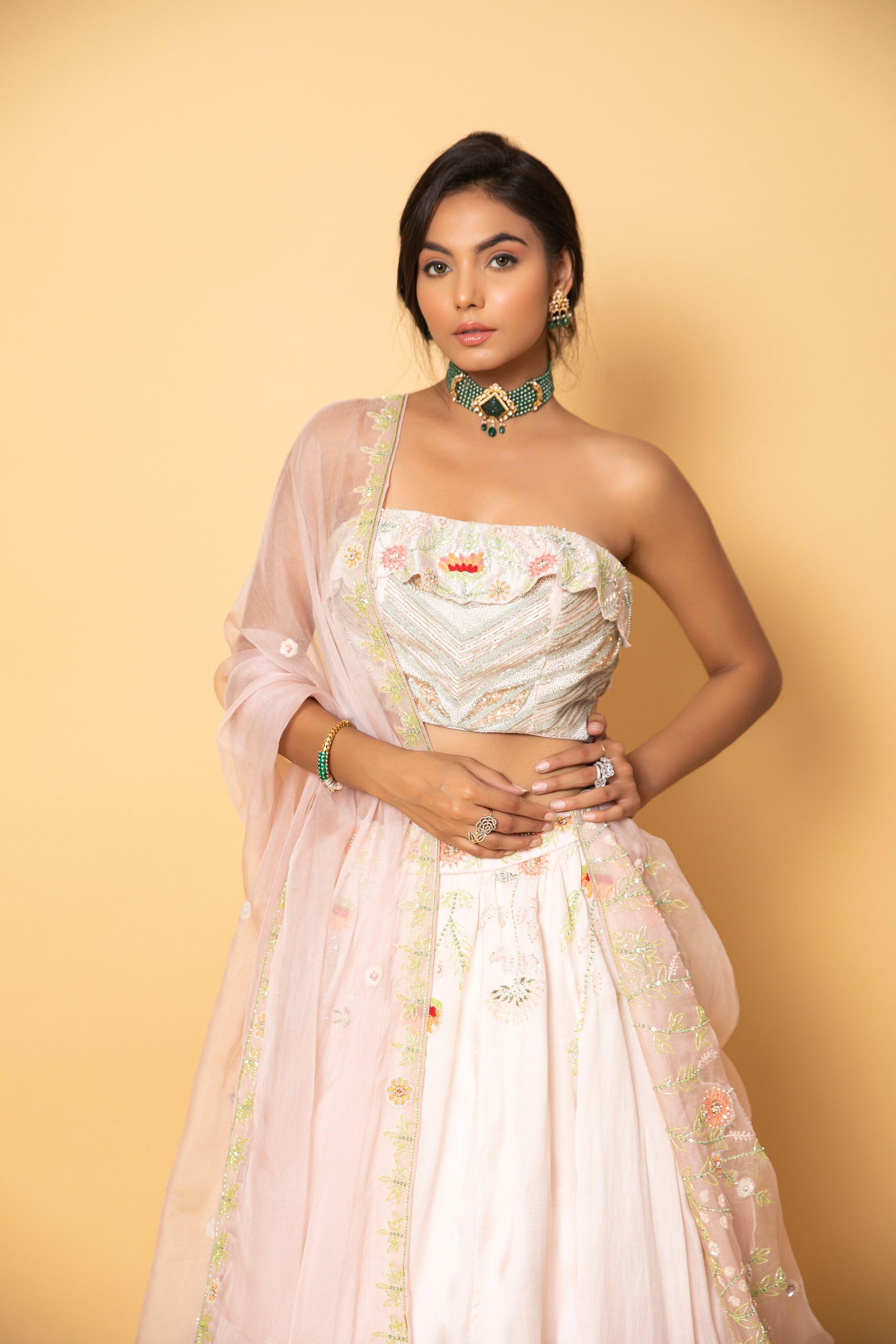 Diana Handpainted Floral Ivory Lehenga with Pink Florals & Green Sequin Bling Work, Paired with Short Width Dupatta