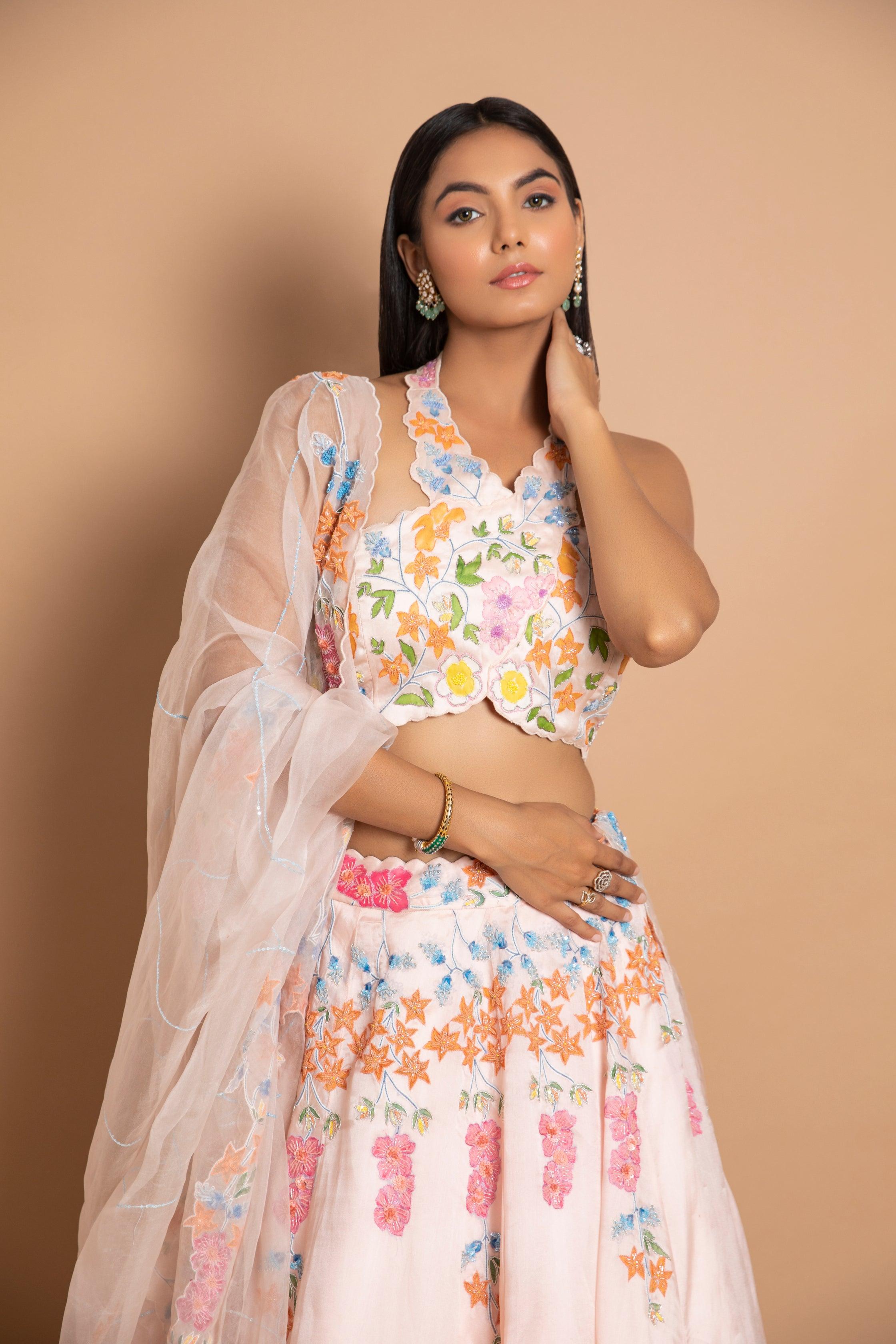 Cosmiya Handpainted Blush Pink Lehenga Highlighted with Bling Work