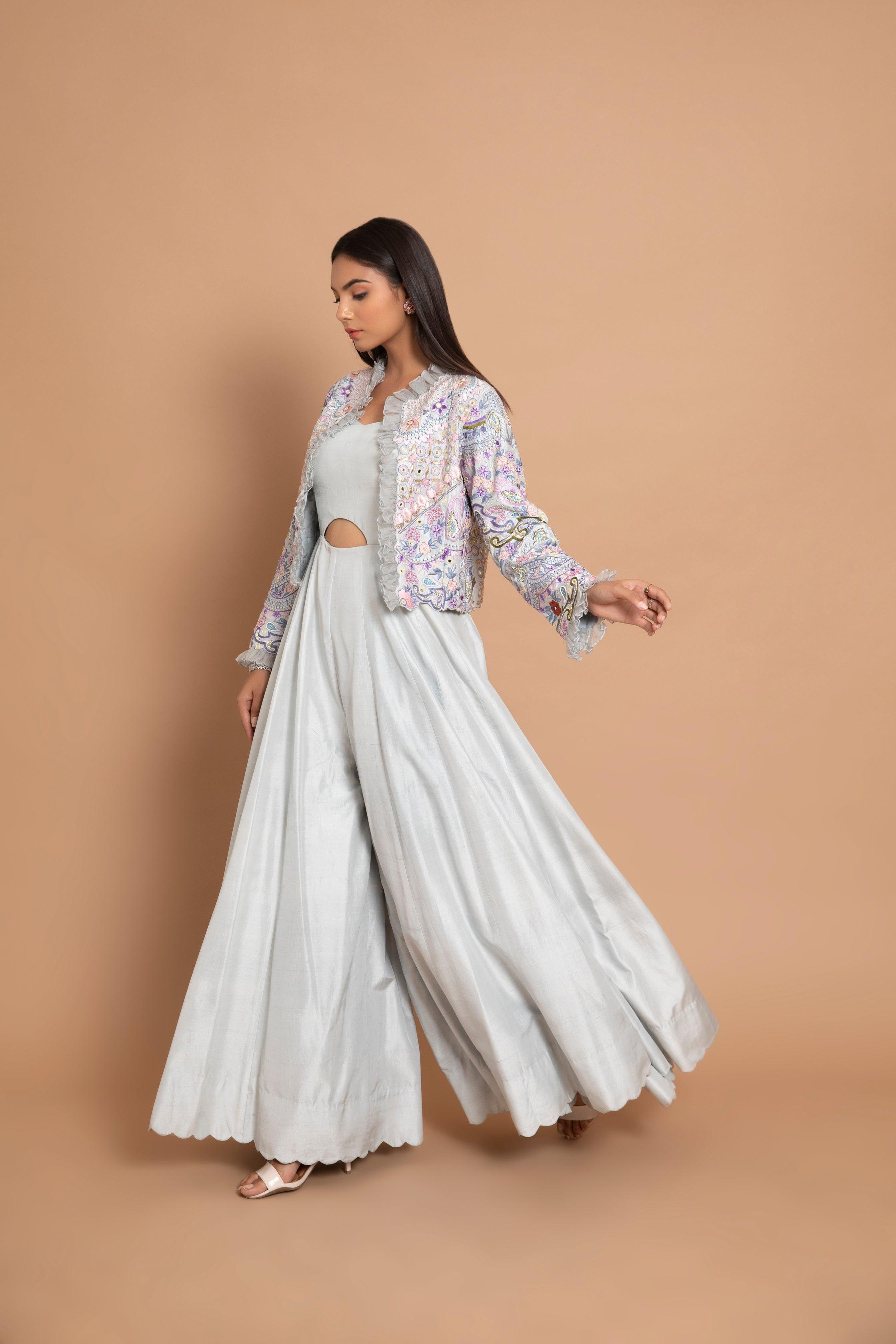 Creola Ice Grey Keyhole Flared Jumpsuit with Multiwork Short Dhaga Jacket and Frill Detailing