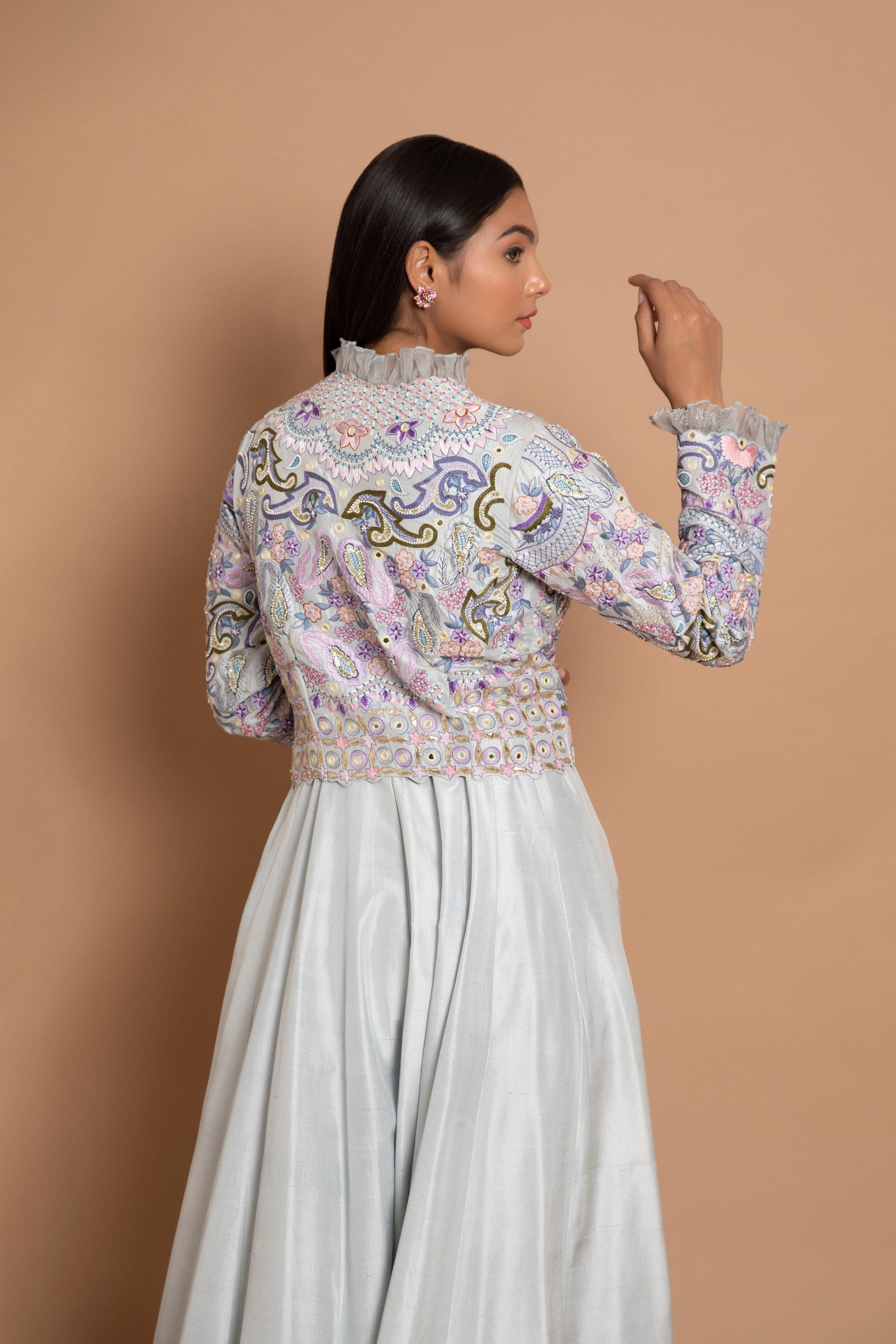 Creola Ice Grey Keyhole Flared Jumpsuit with Multiwork Short Dhaga Jacket and Frill Detailing