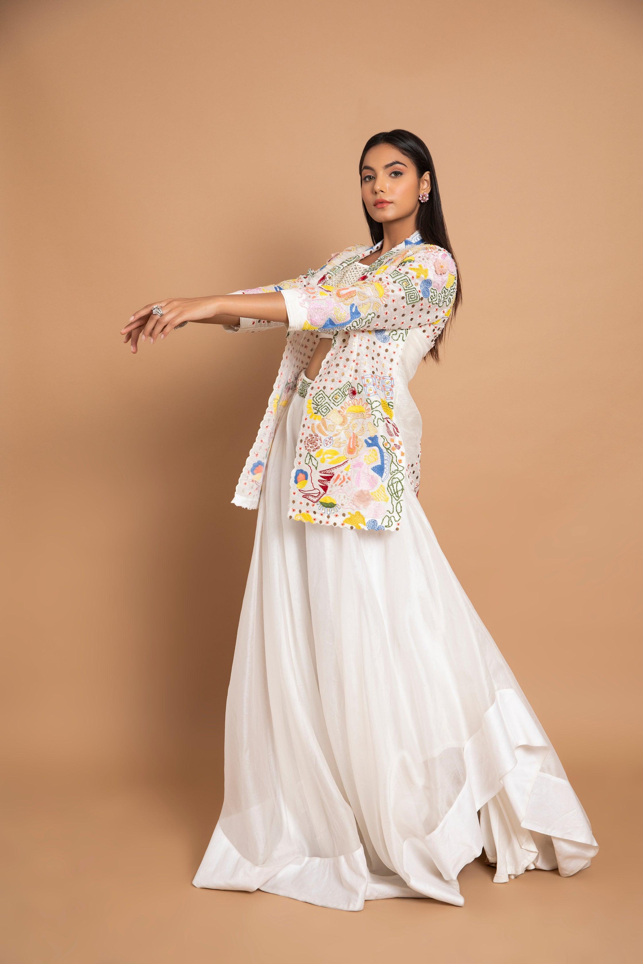Gazania Long Abstract Geometric Thread-Art Handcrafted Jacket Paired with Ivory Bustier & High-Volume Sharara
