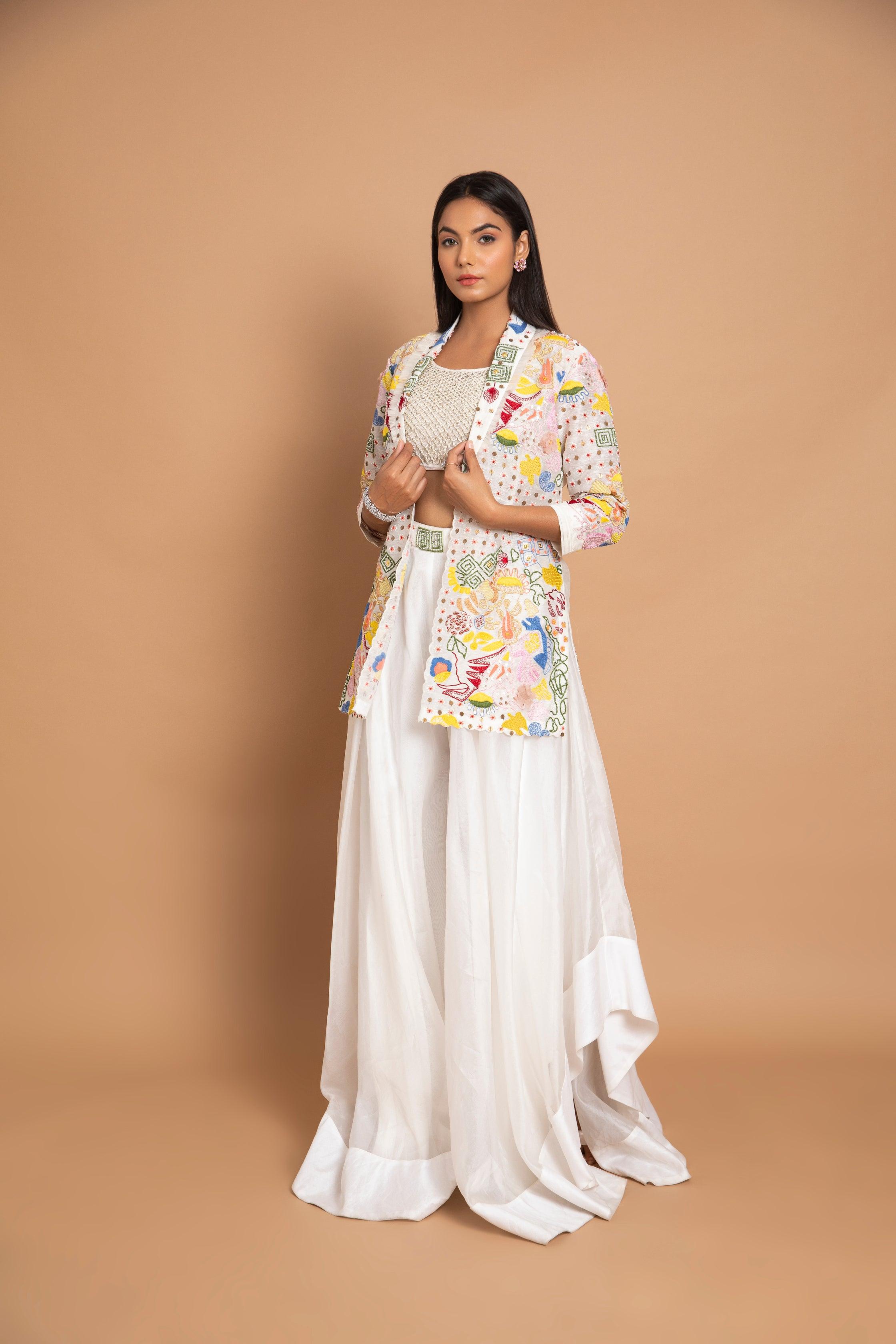 Gazania Long Abstract Geometric Thread-Art Handcrafted Jacket Paired with Ivory Bustier & High-Volume Sharara