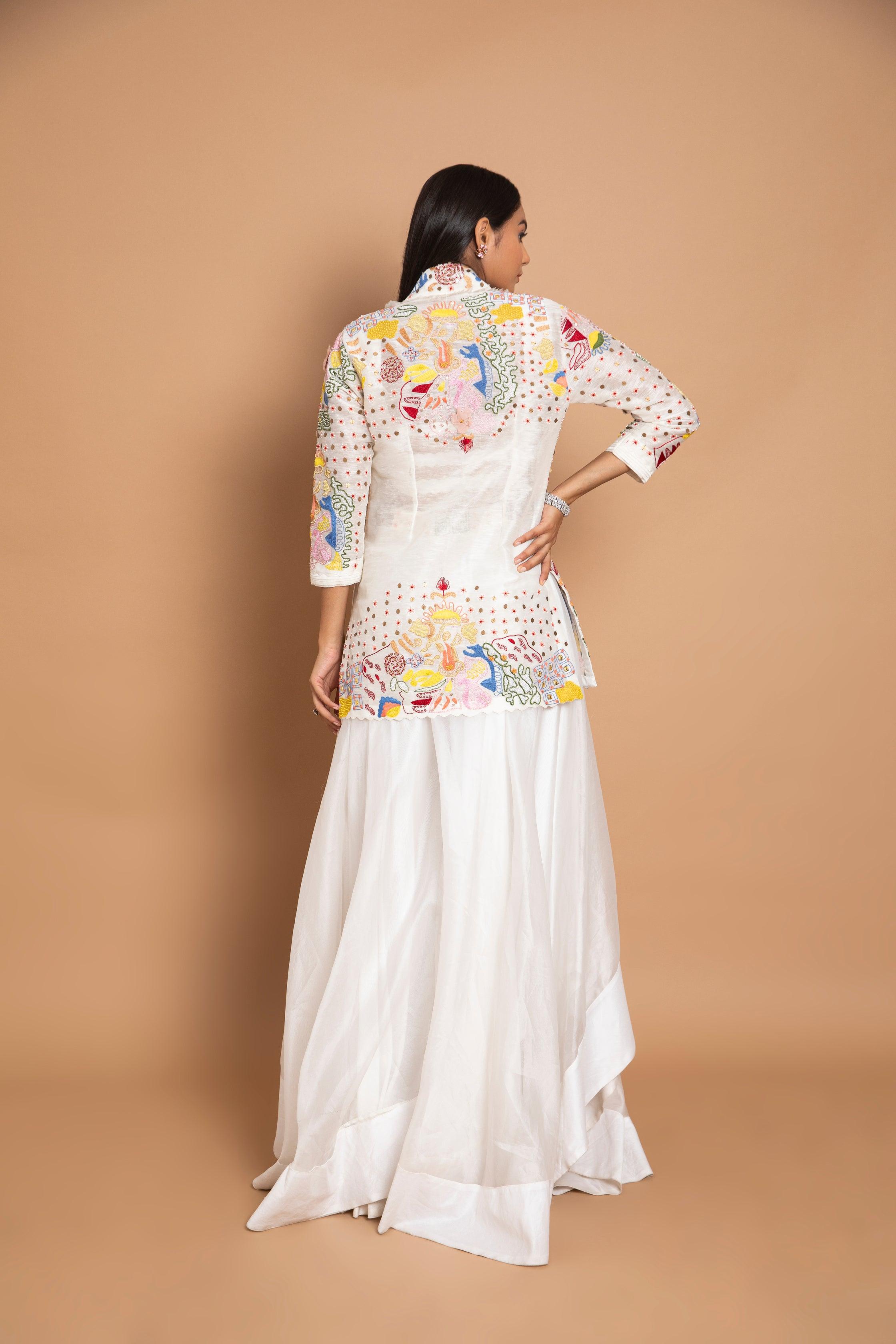Gazania Long Abstract Geometric Thread-Art Handcrafted Jacket Paired with Ivory Bustier & High-Volume Sharara