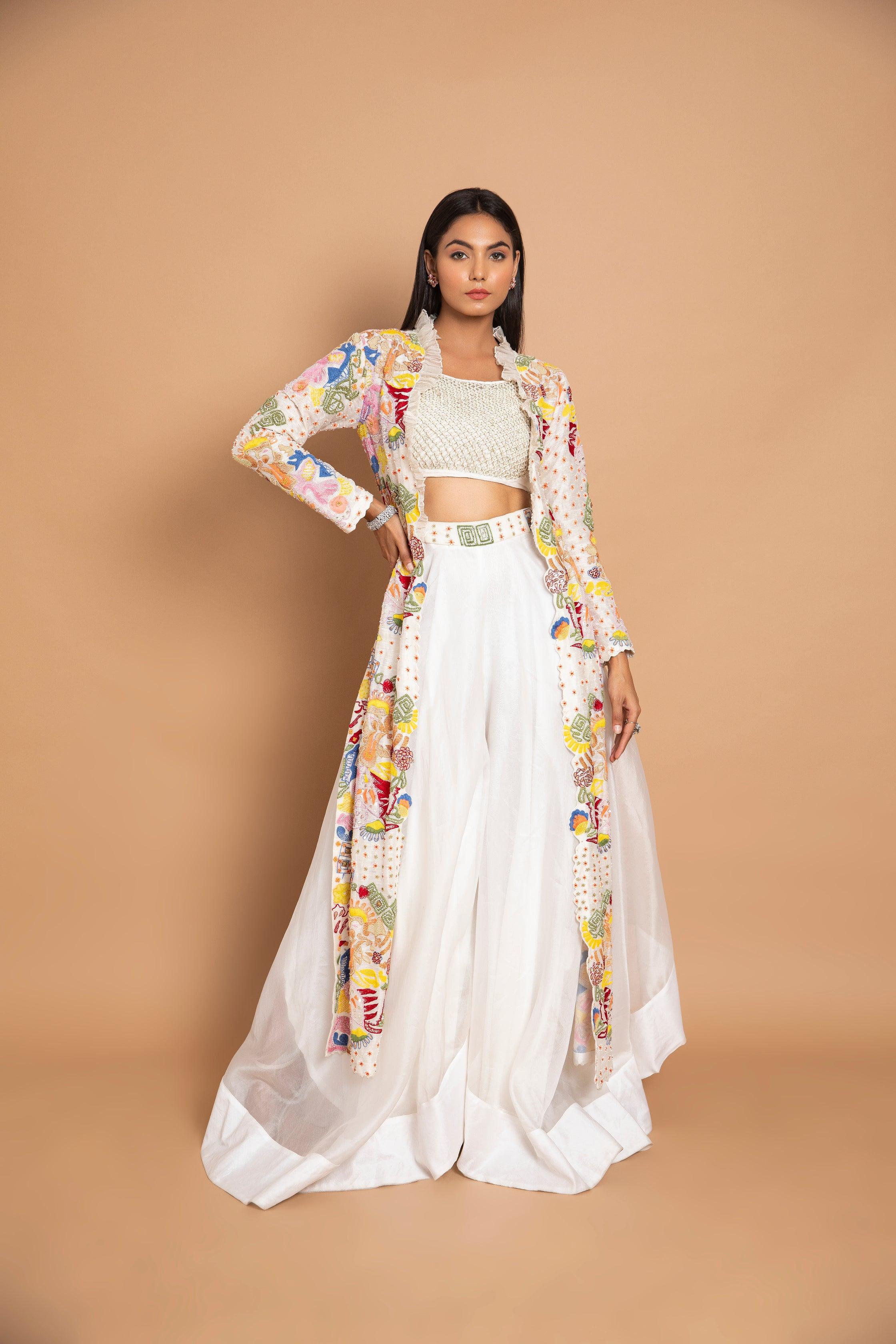 Gazania Long Abstract Geometric Thread-Art Handcrafted Jacket Paired with Ivory Bustier & High-Volume Sharara