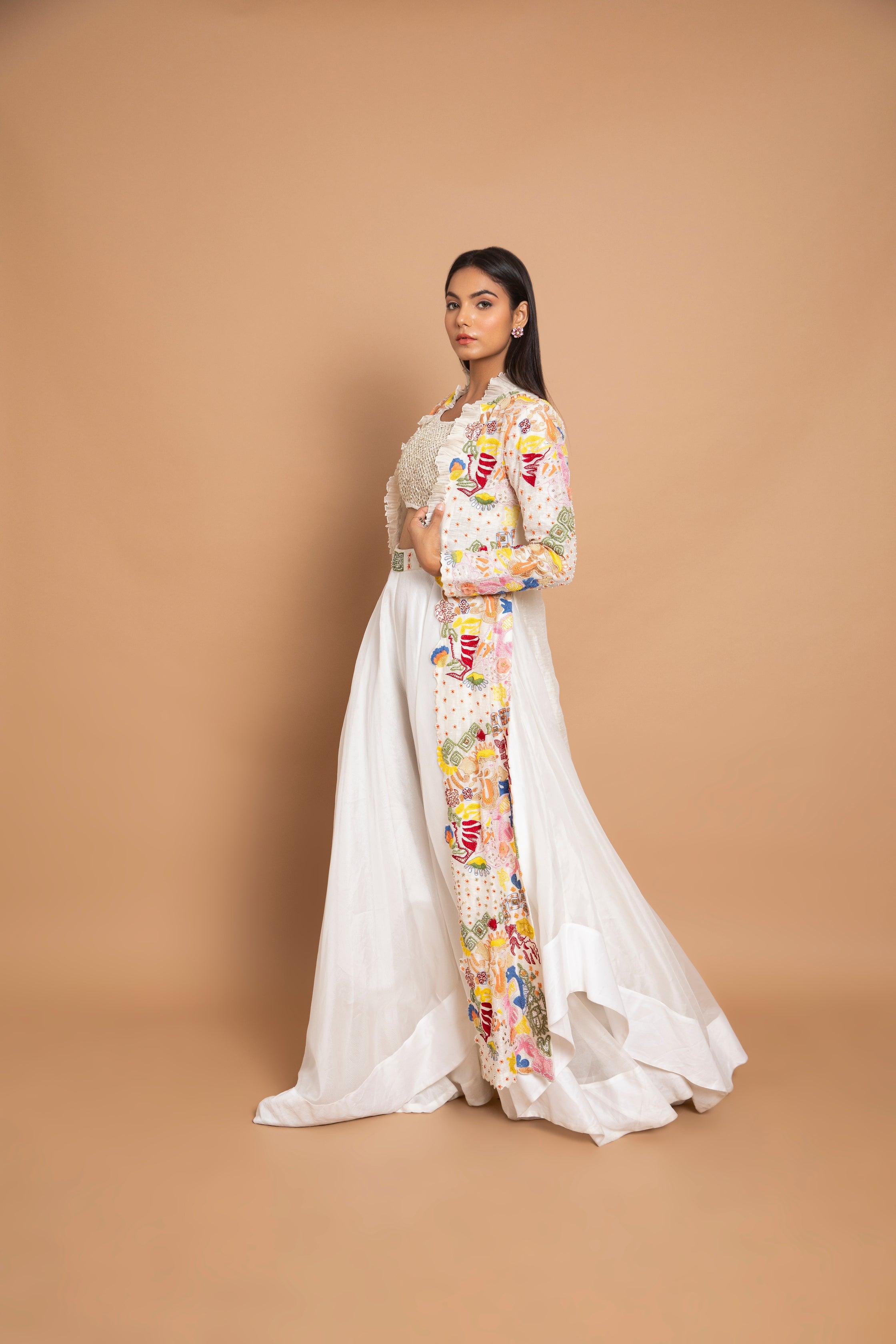 Gazania Long Abstract Geometric Thread-Art Handcrafted Jacket Paired with Ivory Bustier & High-Volume Sharara