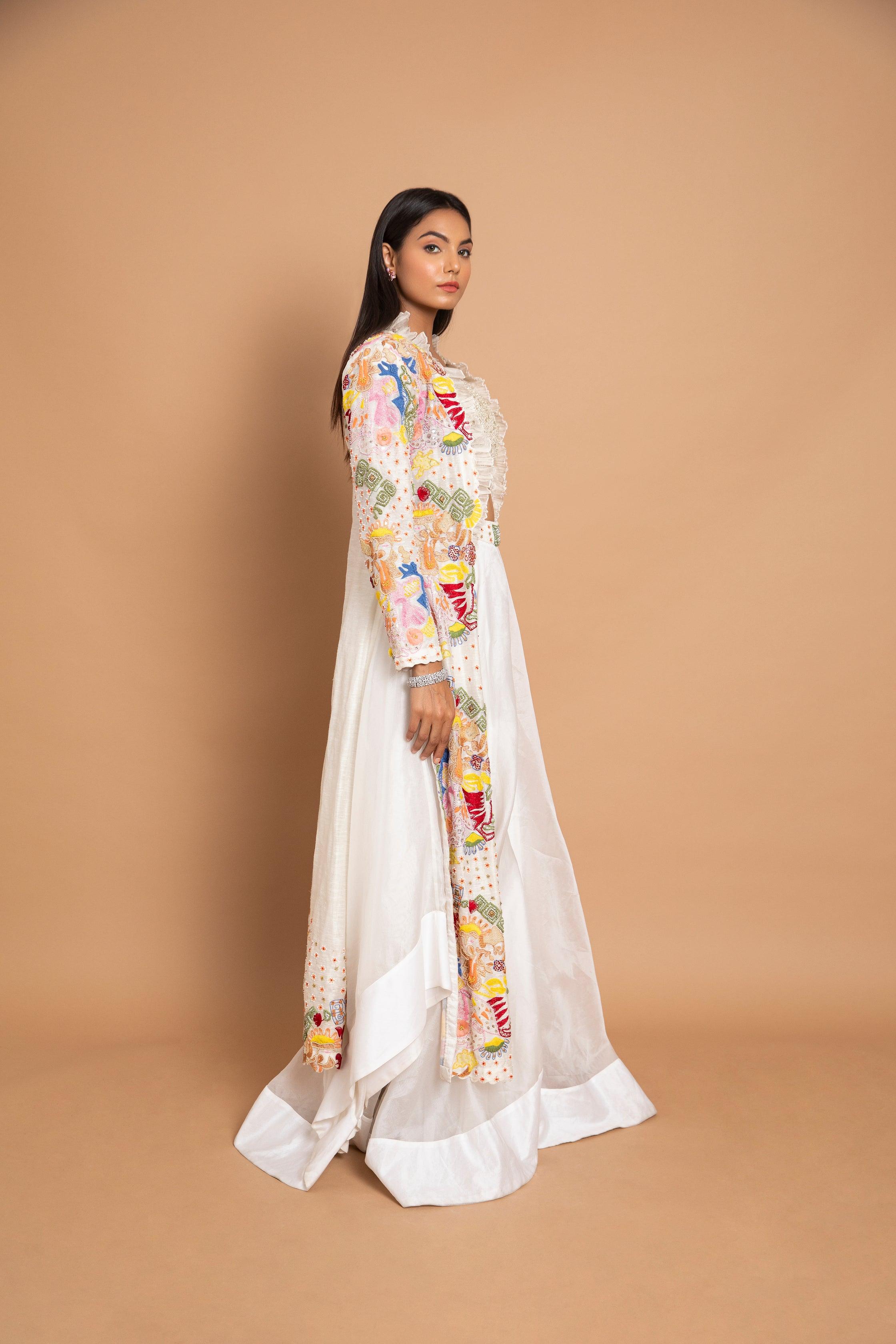 Gazania Long Abstract Geometric Thread-Art Handcrafted Jacket Paired with Ivory Bustier & High-Volume Sharara