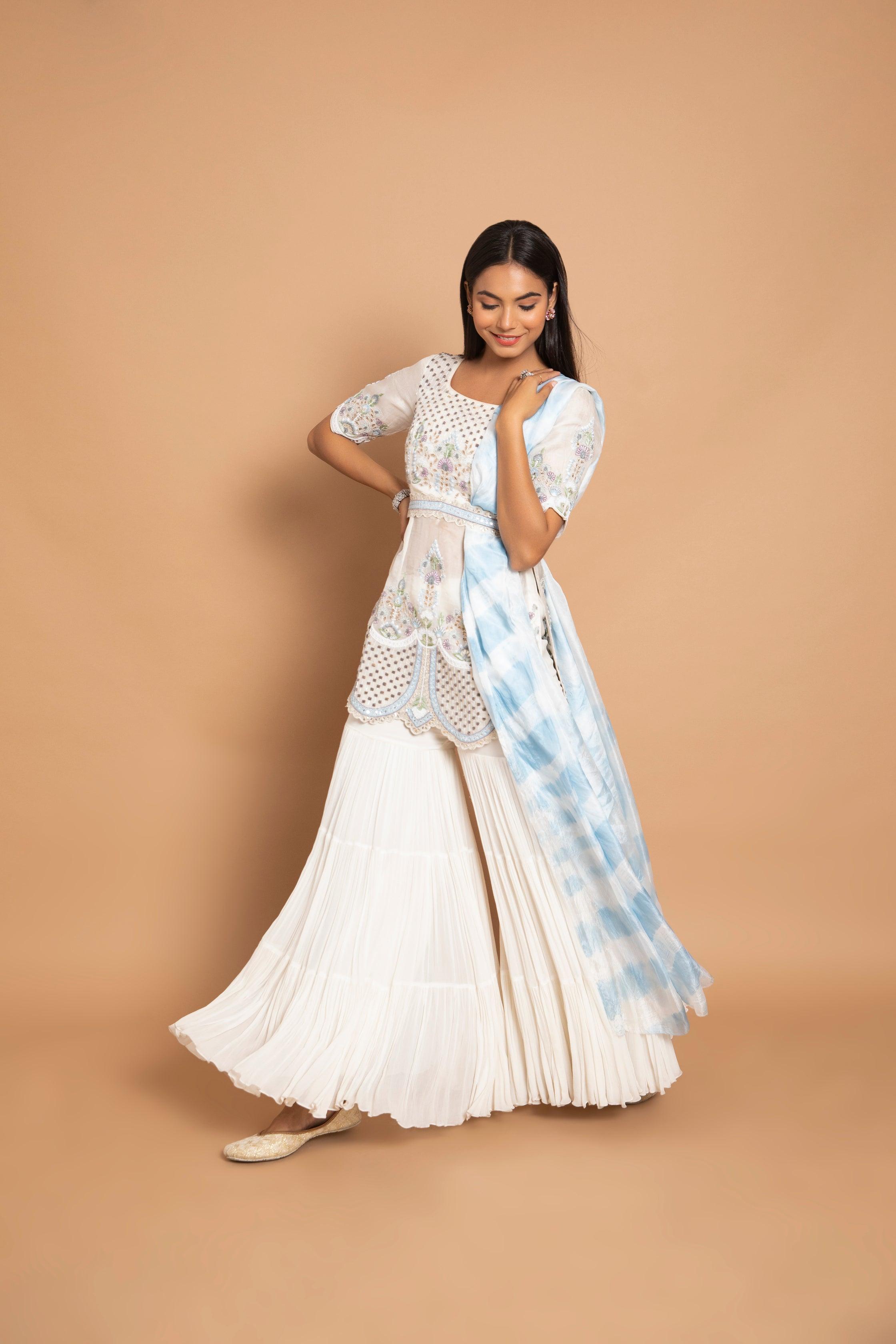 Mahsa Ivory Sharara Set with Belt & Leheriya Dupatta Featuring Gota Patti & Threadwork