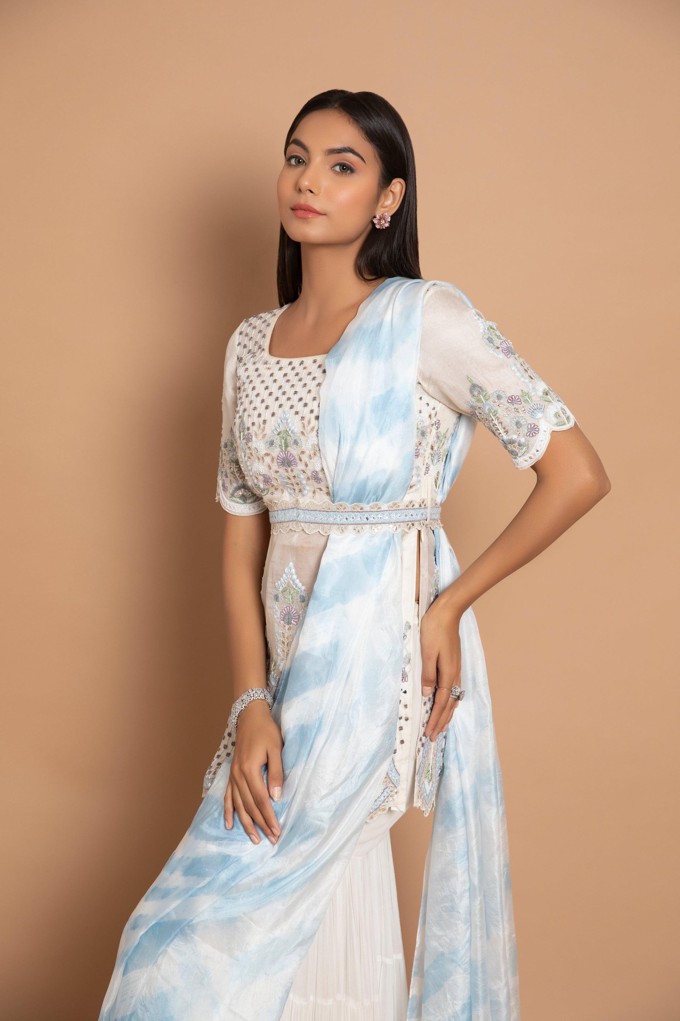 Mahsa Ivory Sharara Set with Belt & Leheriya Dupatta Featuring Gota Patti & Threadwork