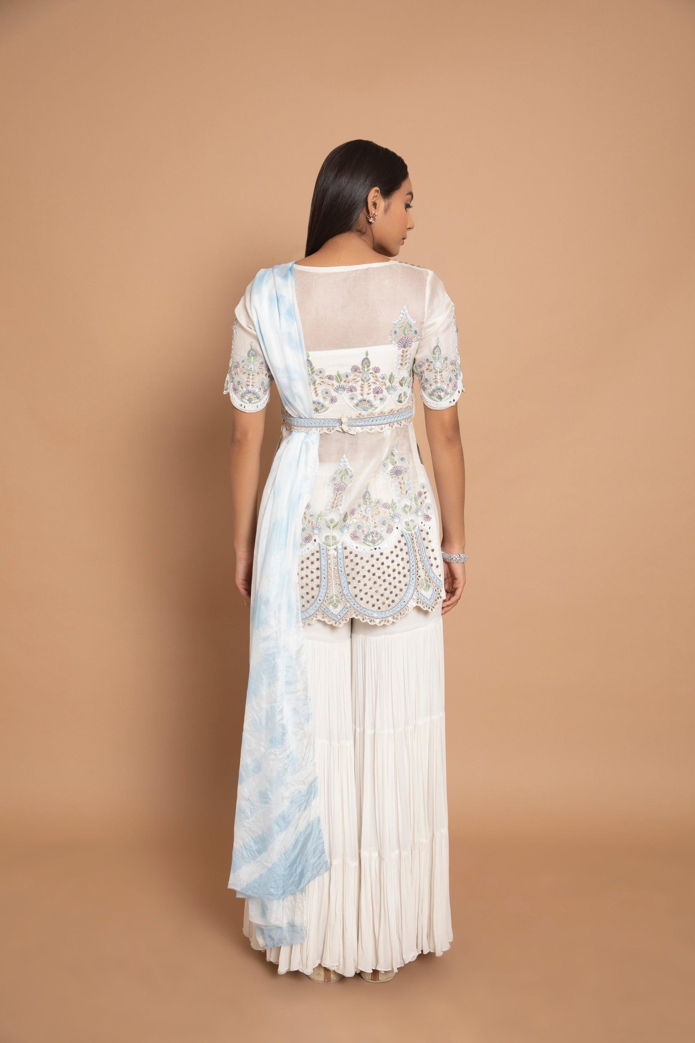 Mahsa Ivory Sharara Set with Belt & Leheriya Dupatta Featuring Gota Patti & Threadwork