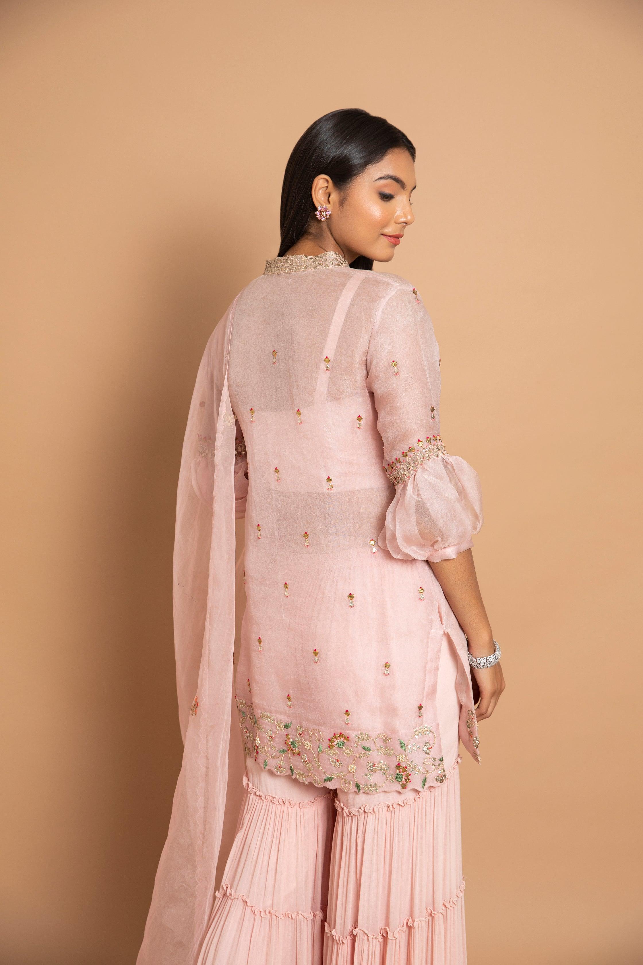 Juhi Ivory Beaded Peplum Top with Sharara – Indo-Western Silhouette