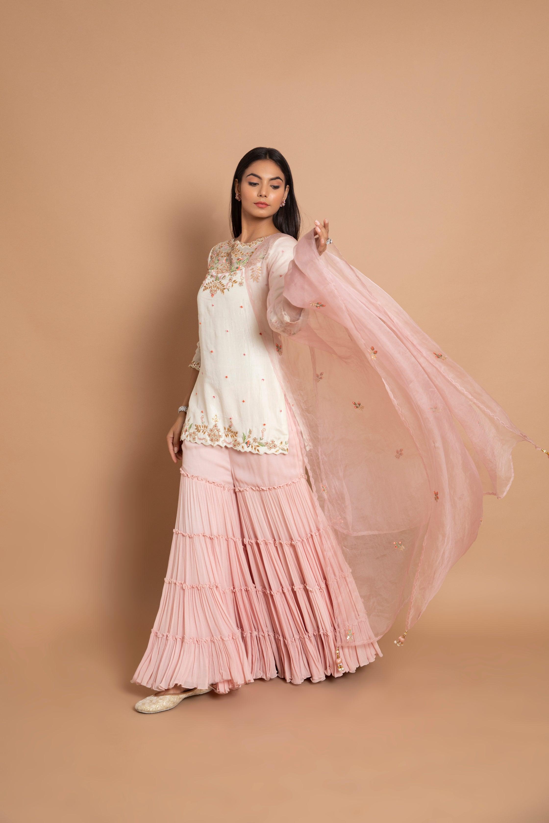 Selene Ivory Dori & Pearl Embroidered Bustier Paired with Multiwork Long Dhaga Jacket & Asymmetrical Organza Palazzo