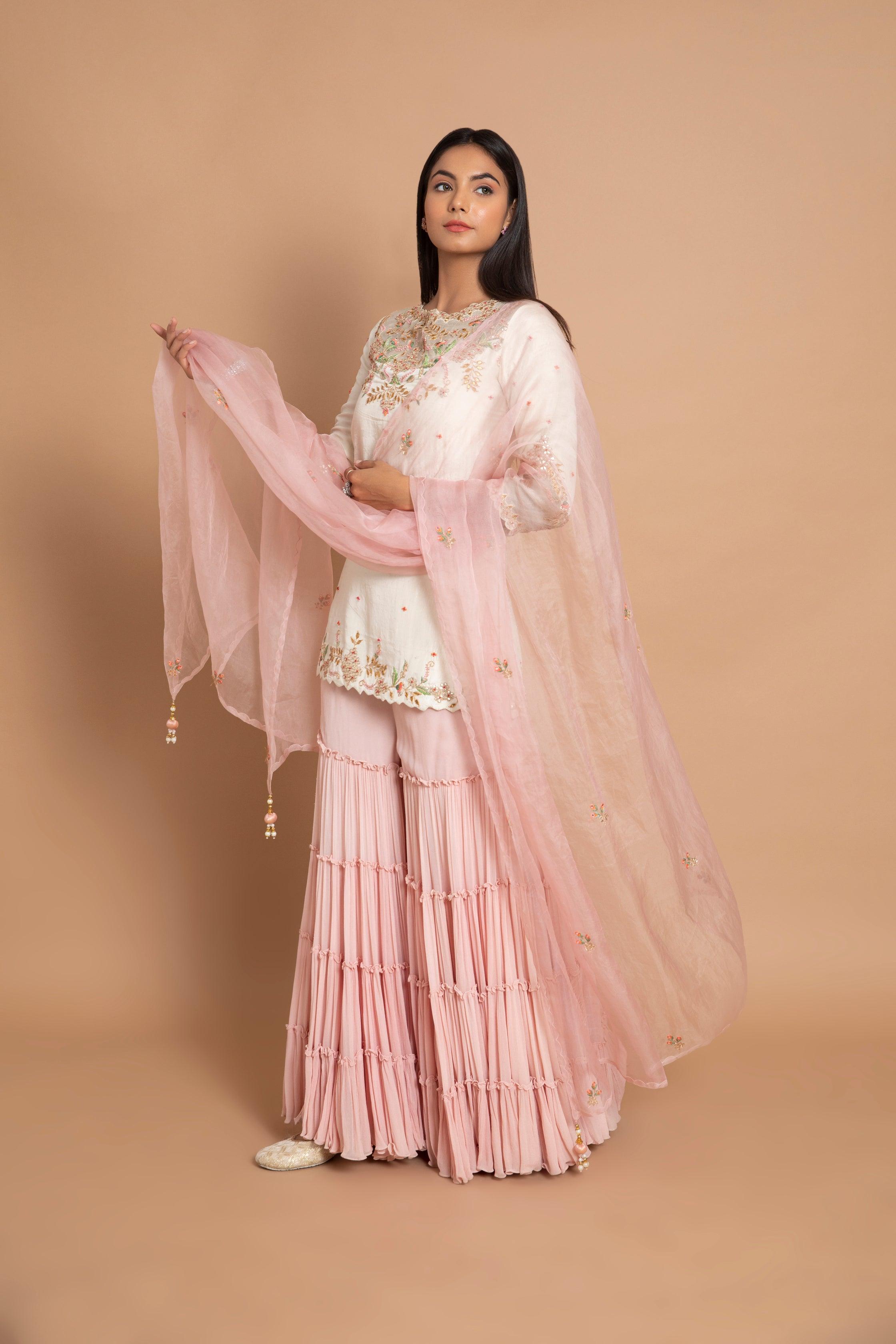 Selene Ivory Dori & Pearl Embroidered Bustier Paired with Multiwork Long Dhaga Jacket & Asymmetrical Organza Palazzo