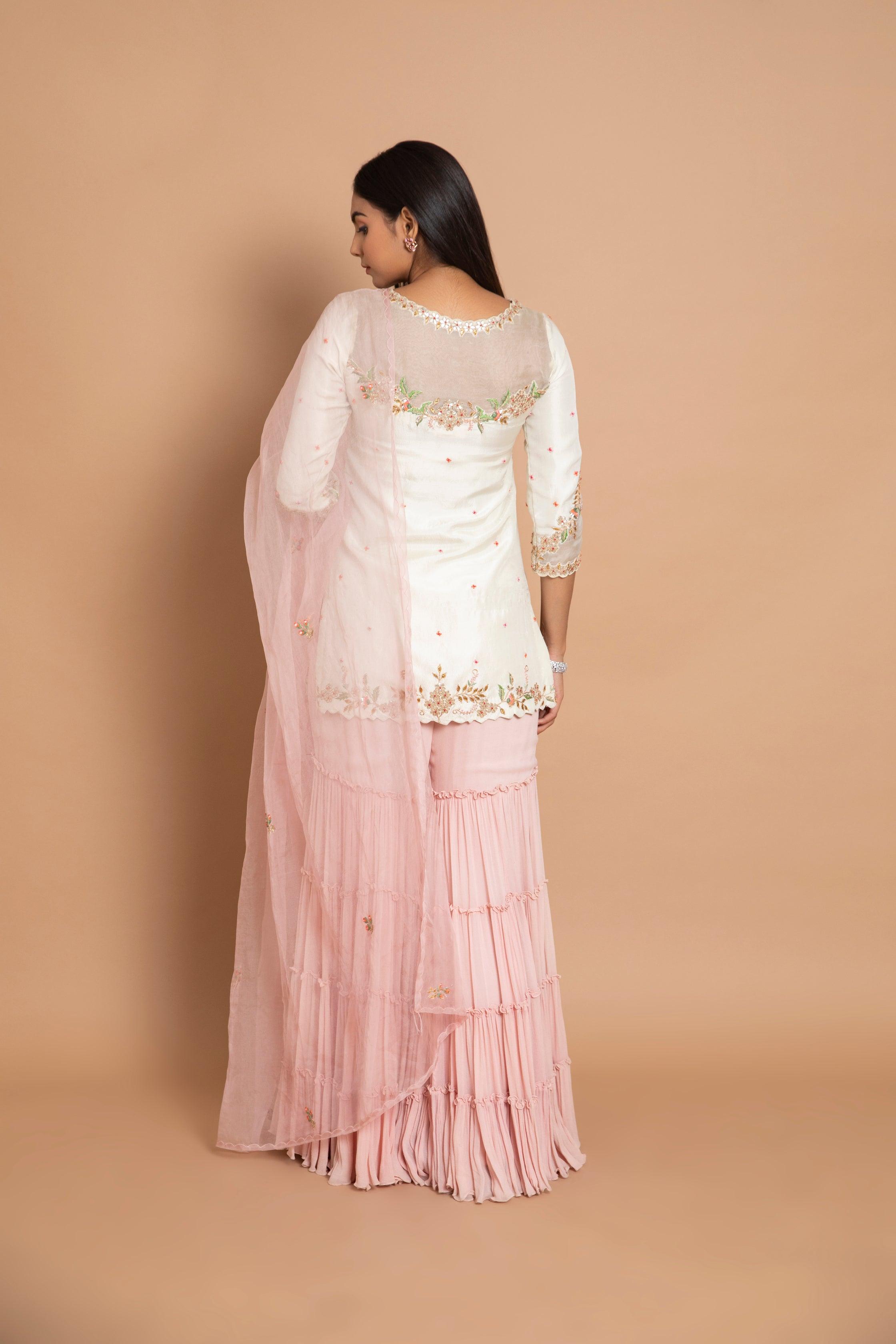 Selene Ivory Dori & Pearl Embroidered Bustier Paired with Multiwork Long Dhaga Jacket & Asymmetrical Organza Palazzo