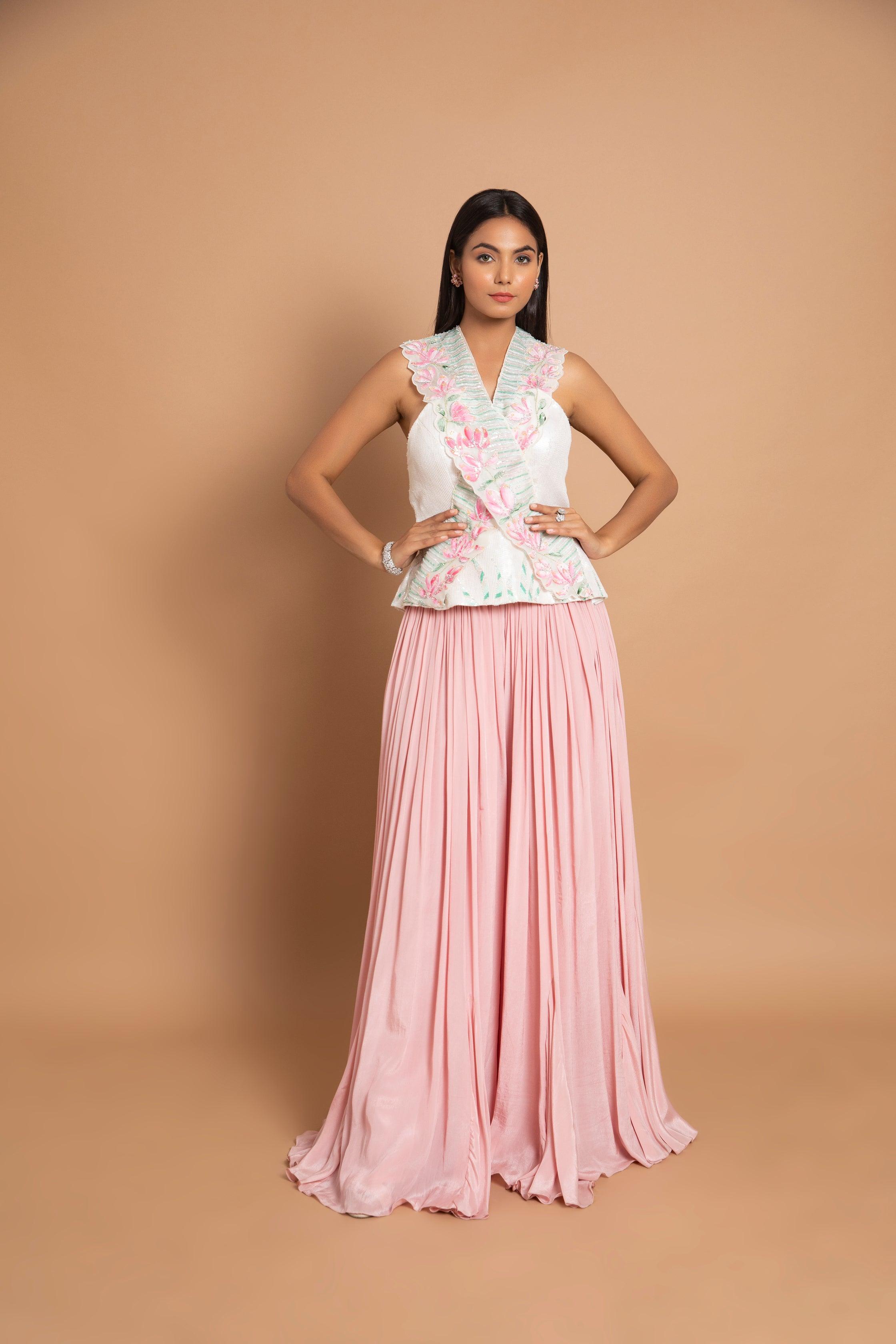 Juhi Ivory Beaded Peplum Top with Sharara – Indo-Western Silhouette