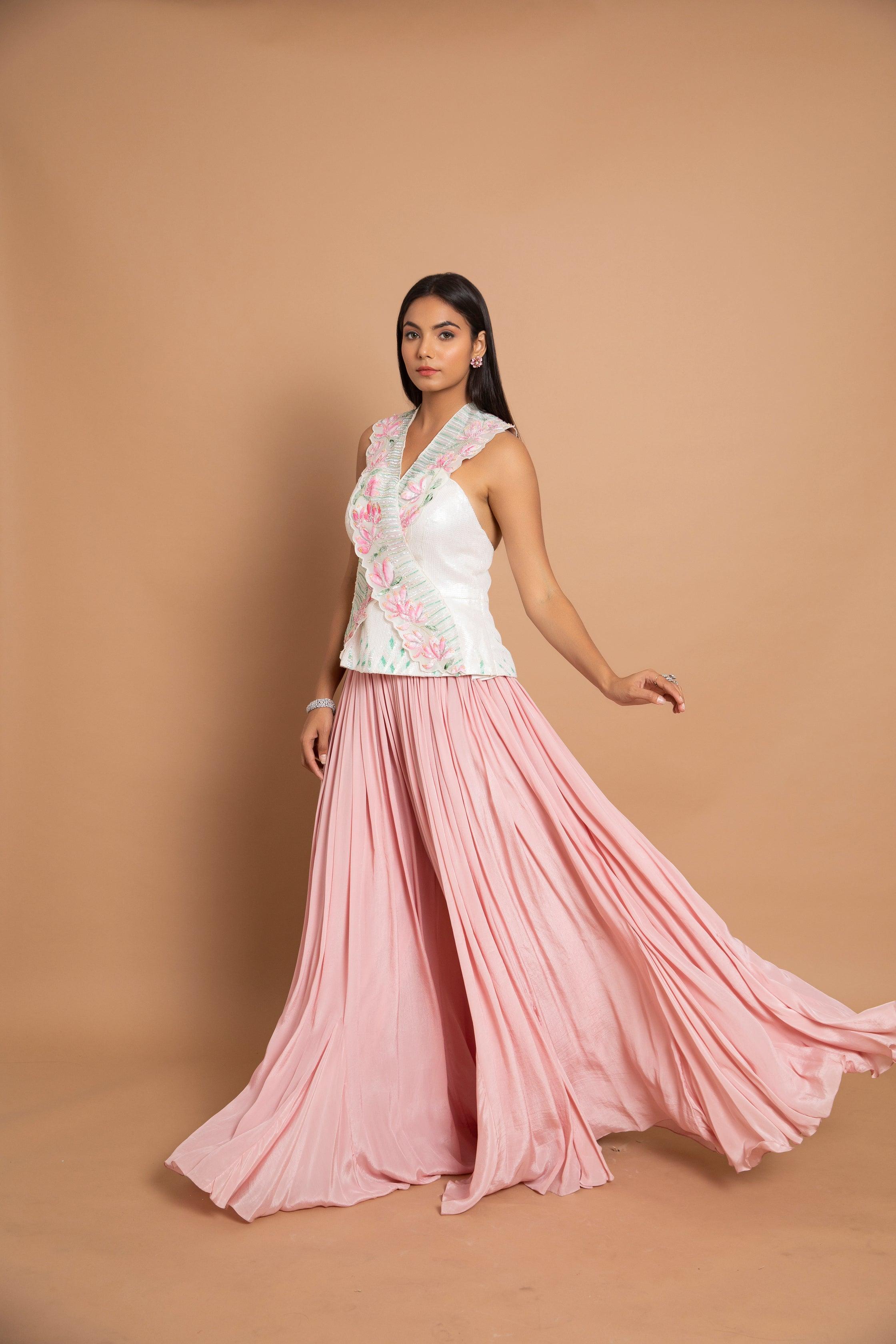 Selene Ivory Dori & Pearl Embroidered Bustier Paired with Multiwork Long Dhaga Jacket & Asymmetrical Organza Palazzo