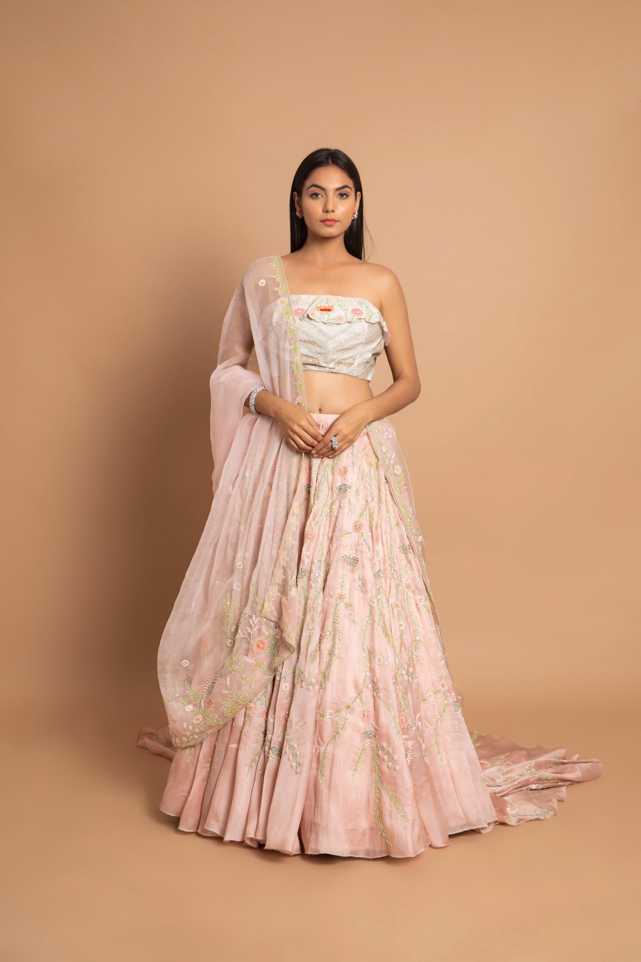 FERAY Peachy Pink Umbrella Cut Lehenga with Ivory Bustier & Dupatta Featuring Multi Katdana Work and Back Trail