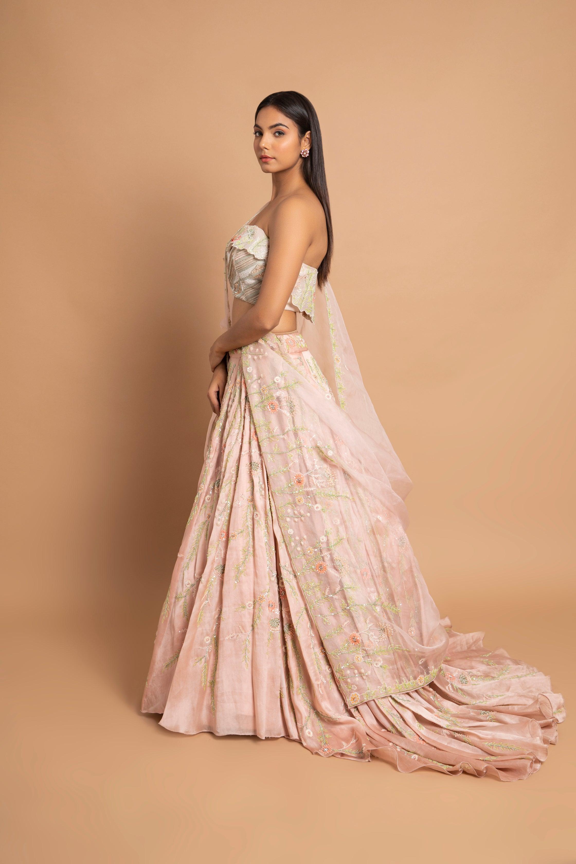 FERAY Peachy Pink Umbrella Cut Lehenga with Ivory Bustier & Dupatta Featuring Multi Katdana Work and Back Trail