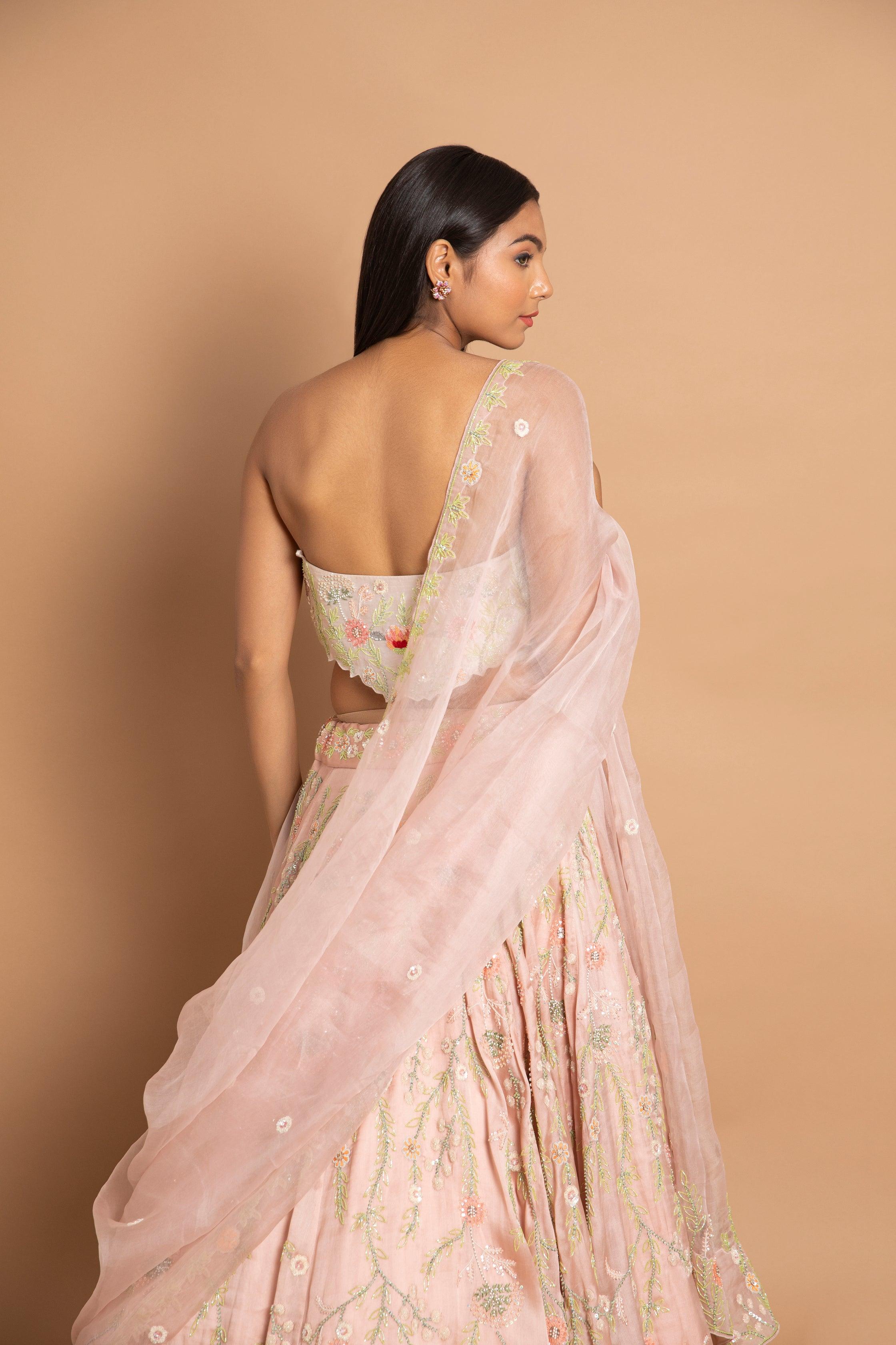 FERAY Peachy Pink Umbrella Cut Lehenga with Ivory Bustier & Dupatta Featuring Multi Katdana Work and Back Trail