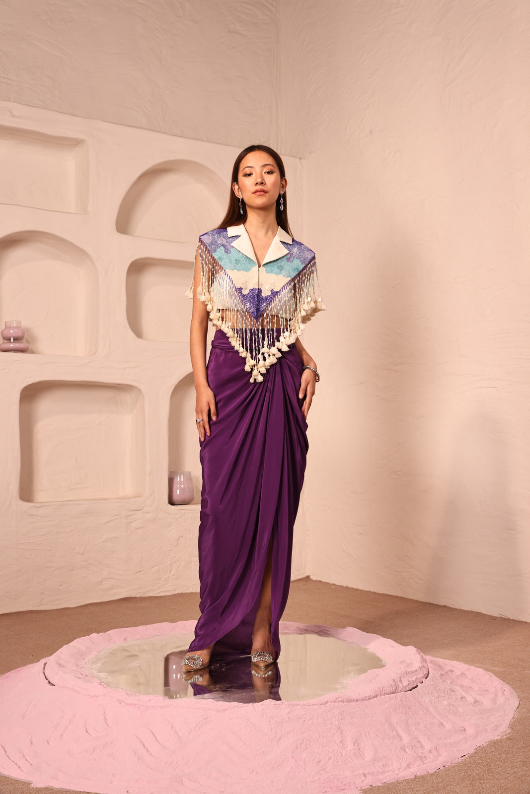 Sequined Serenity Ivory Chanderi Jacket & Satin Drape Skirt