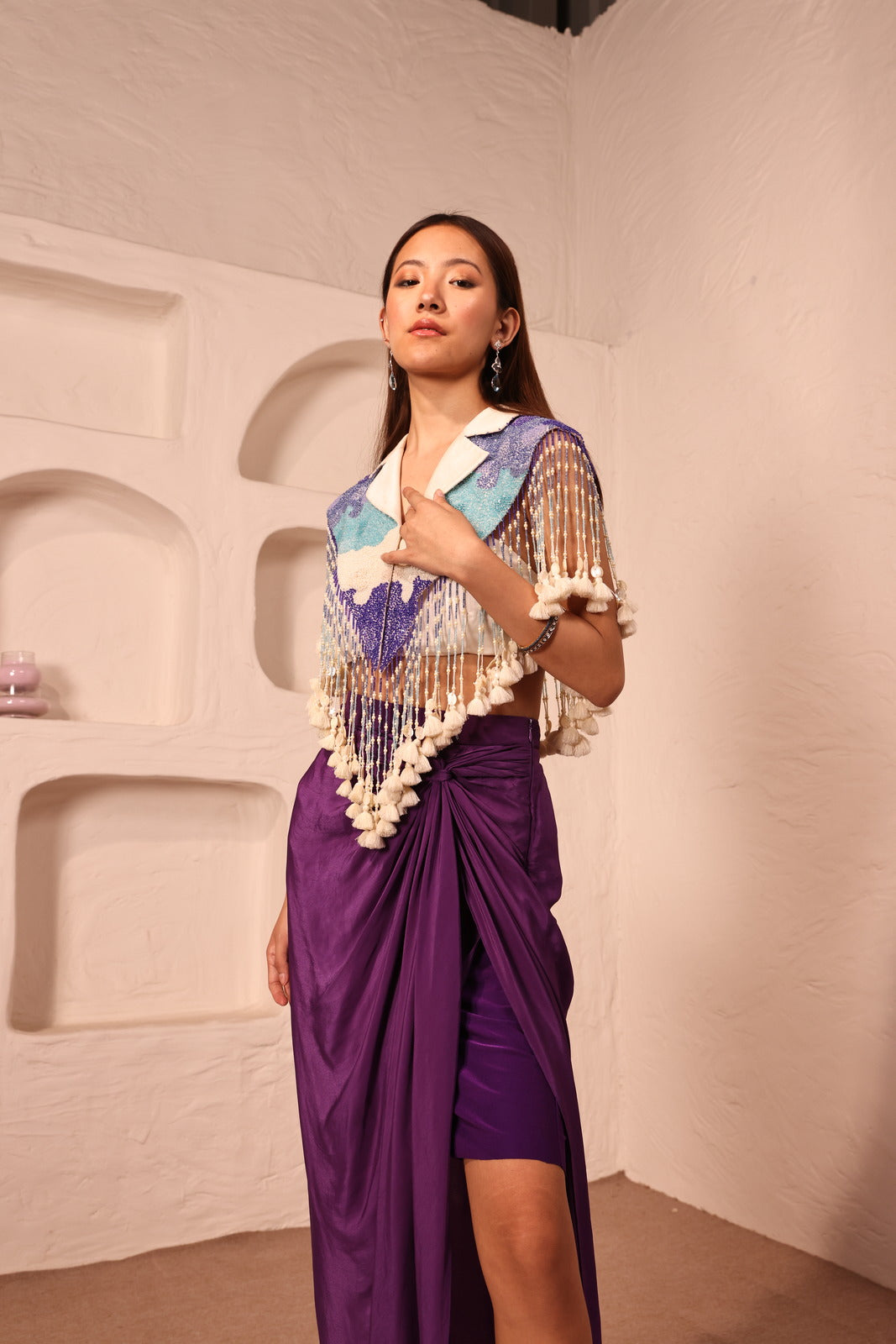 Sequined Serenity Ivory Chanderi Jacket & Satin Drape Skirt