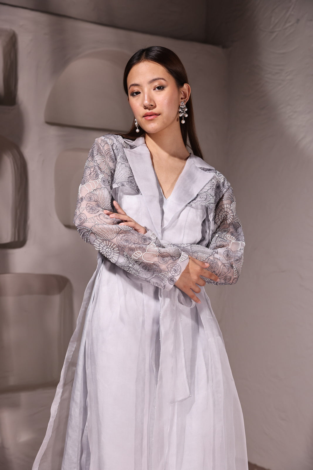 Glacier Dream Ice Grey Organza Jacket & Satin Linen Inner Wear