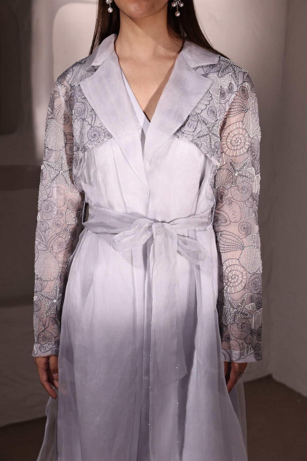 Glacier Dream Ice Grey Organza Jacket & Satin Linen Inner Wear