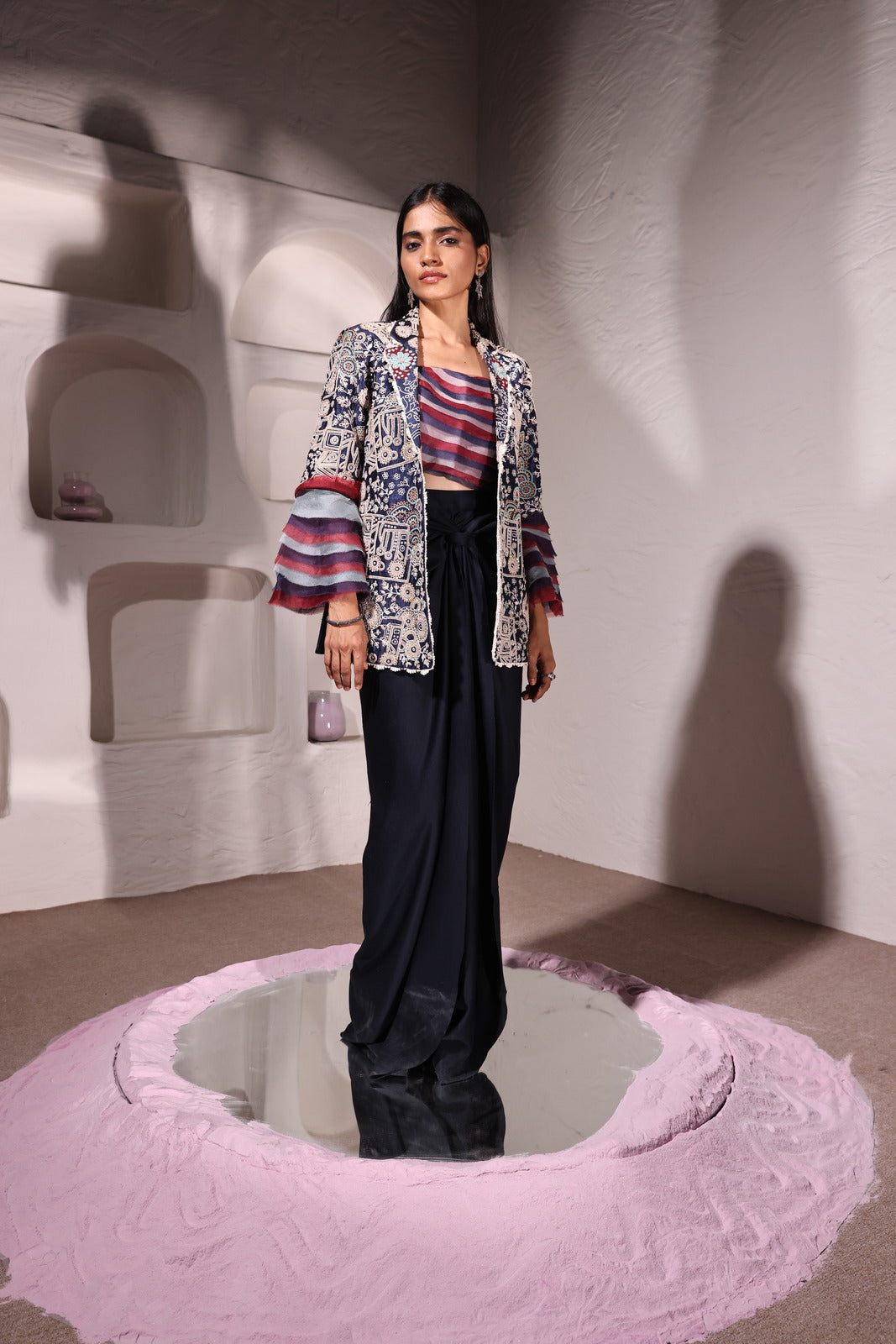 Midnight Symphony Raw Silk Jacket With Organza Neoprene Bustier & Neoprene Drape Skirt