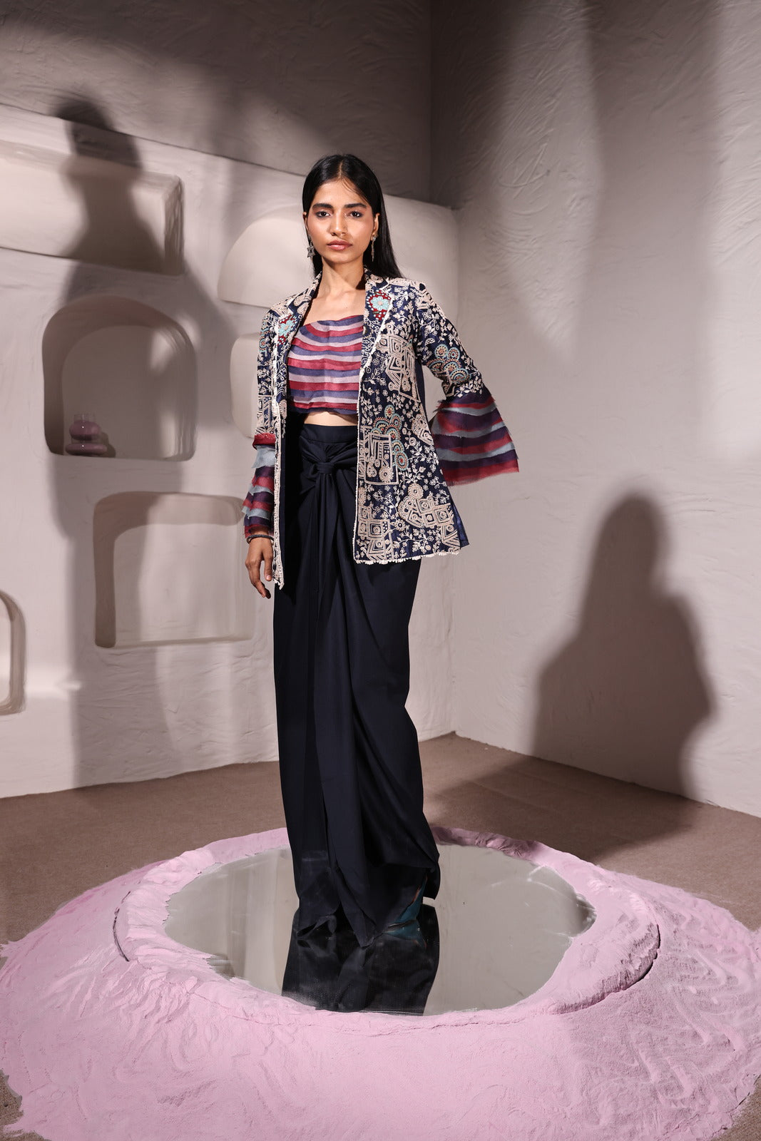 Midnight Symphony Raw Silk Jacket With Organza Neoprene Bustier & Neoprene Drape Skirt