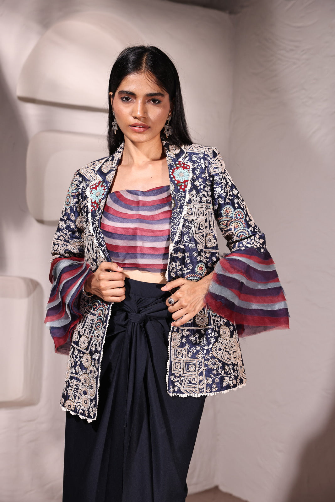 Midnight Symphony Raw Silk Jacket With Organza Neoprene Bustier & Neoprene Drape Skirt