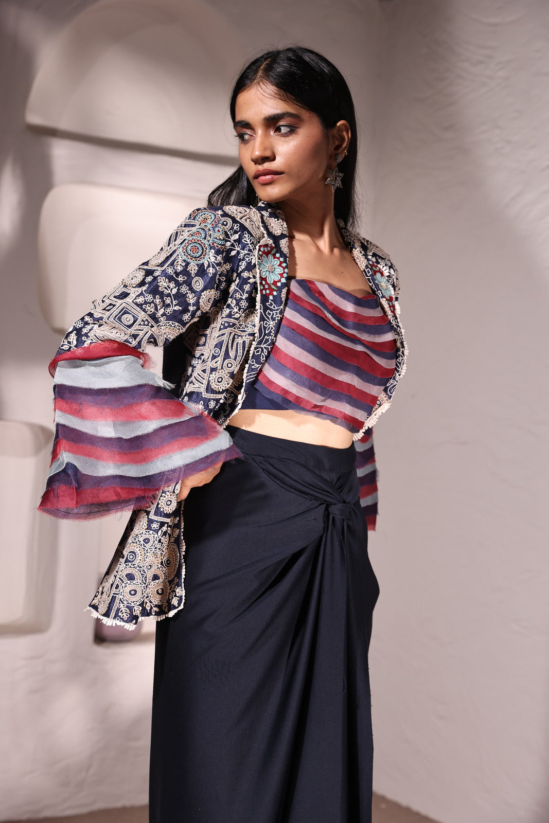 Midnight Symphony Raw Silk Jacket With Organza Neoprene Bustier & Neoprene Drape Skirt