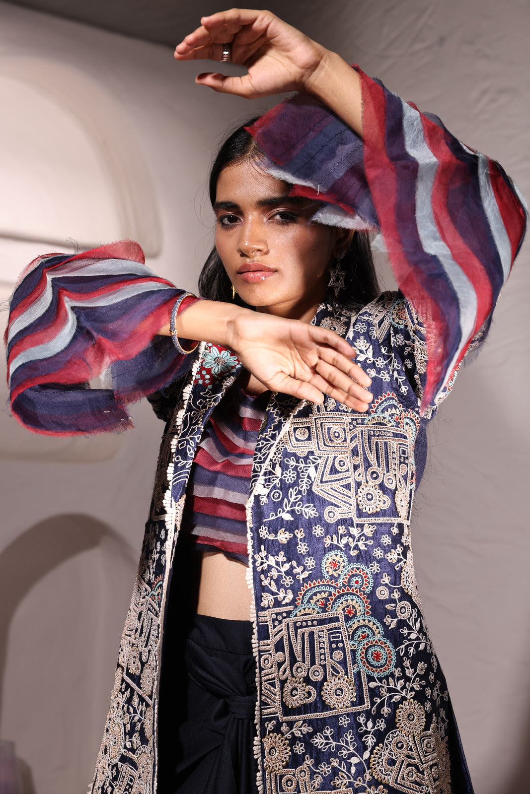 Midnight Symphony Raw Silk Jacket With Organza Neoprene Bustier & Neoprene Drape Skirt