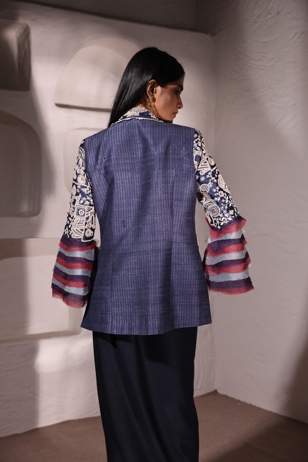 Midnight Symphony Raw Silk Jacket With Organza Neoprene Bustier & Neoprene Drape Skirt