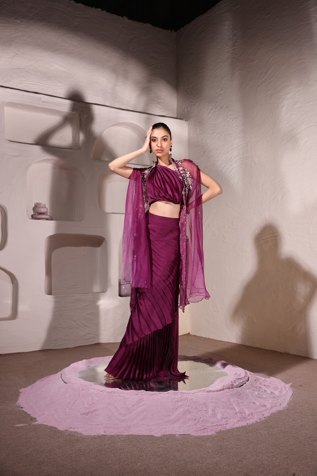 Regal Wine Satin Organza Wrinkled Skirt & Bustier With Organza Cape
