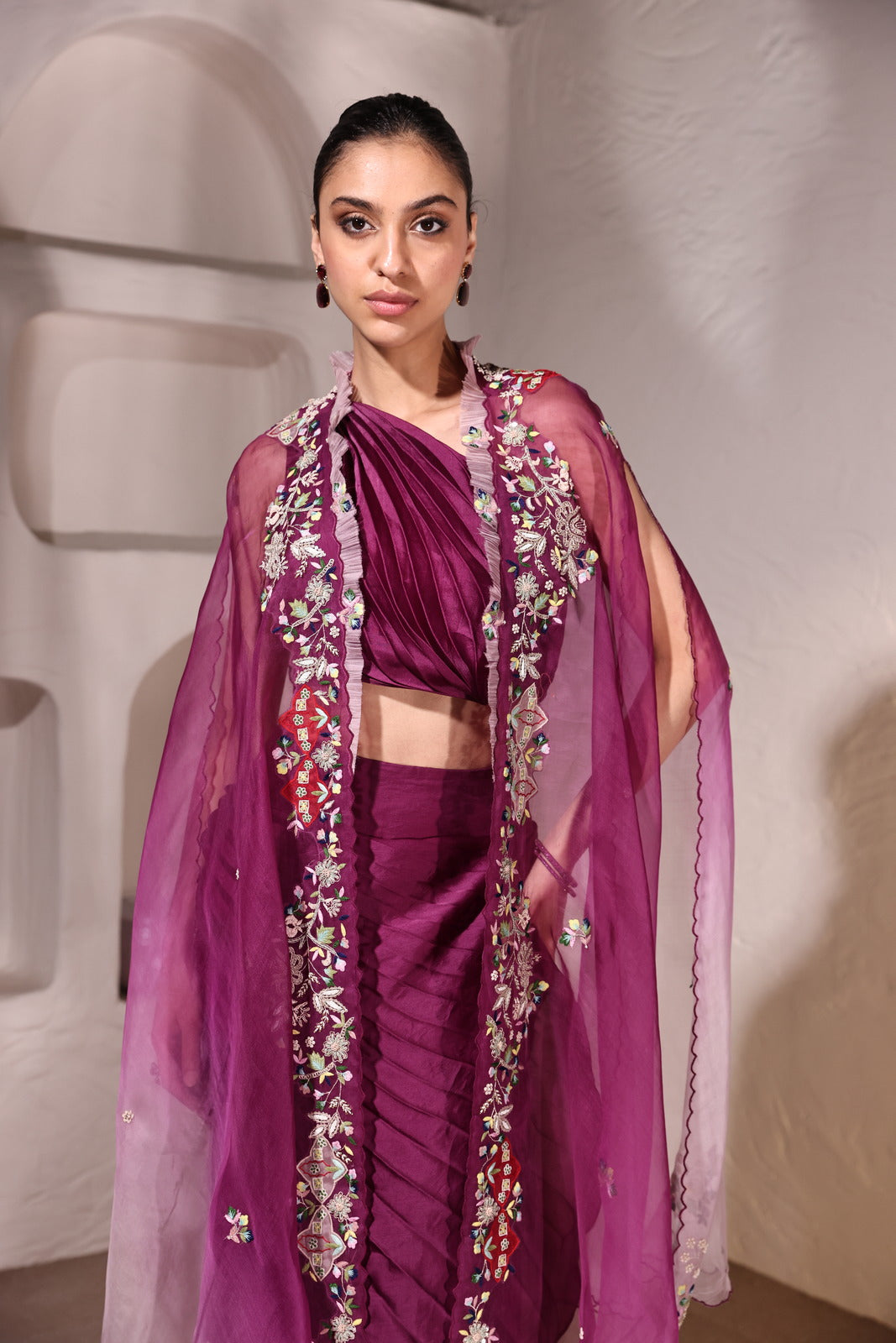 Regal Wine Satin Organza Wrinkled Skirt & Bustier With Organza Cape
