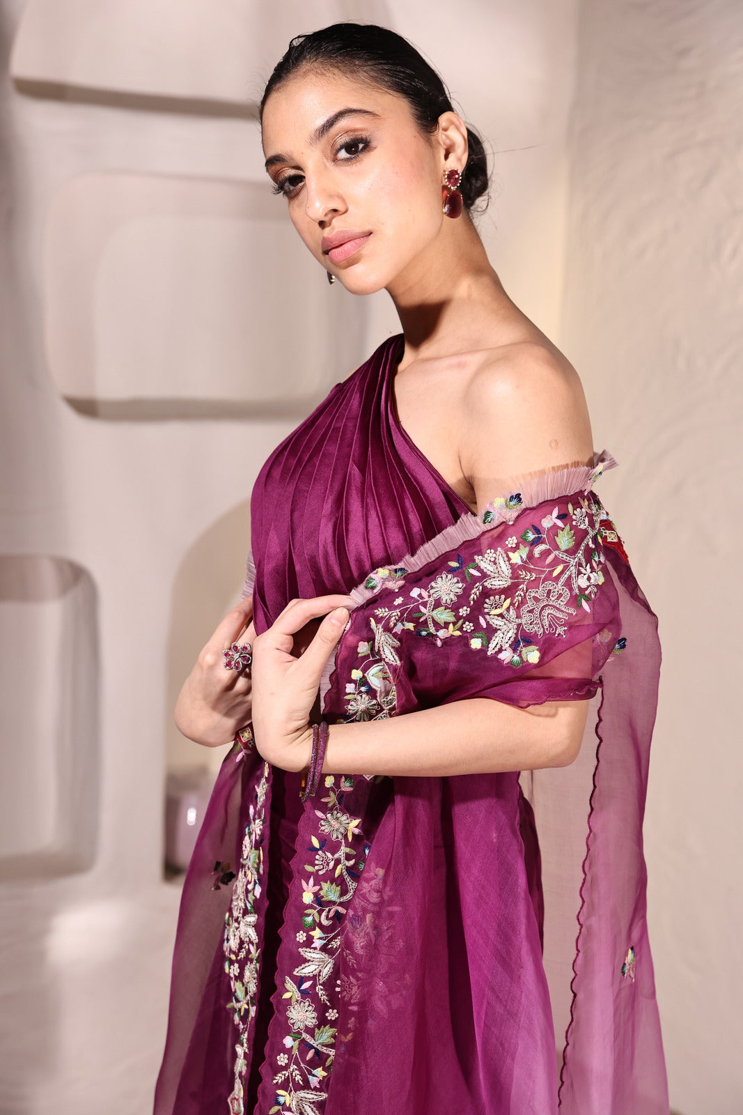 Regal Wine Satin Organza Wrinkled Skirt & Bustier With Organza Cape