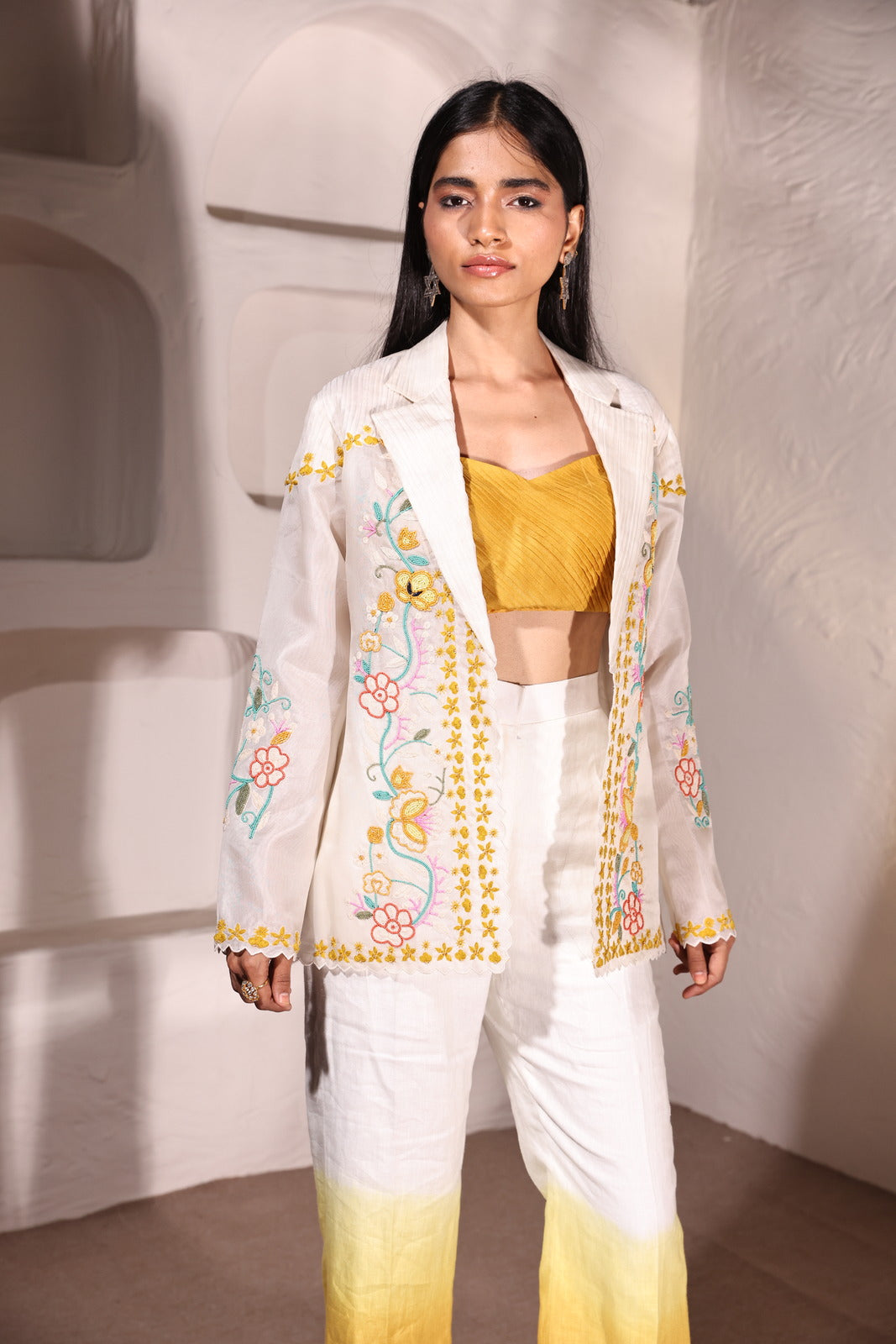 Golden Ivory Linen Ensemble With Organza Bustier & Beaded Jacket
