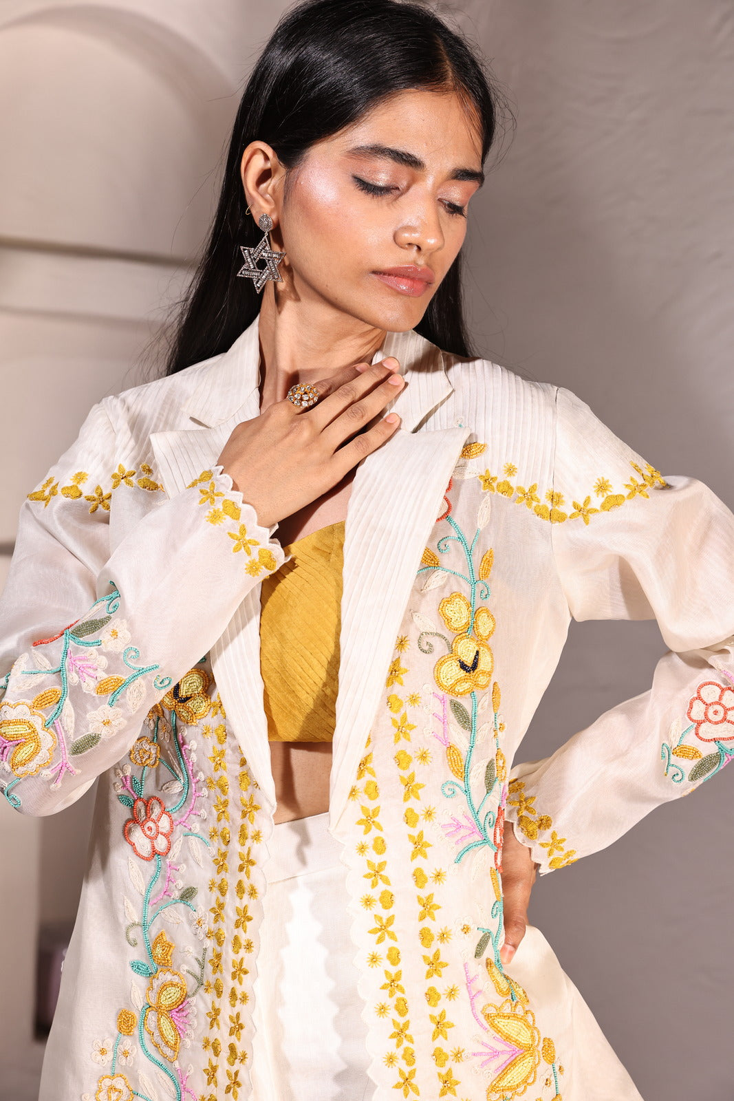 Golden Ivory Linen Ensemble With Organza Bustier & Beaded Jacket
