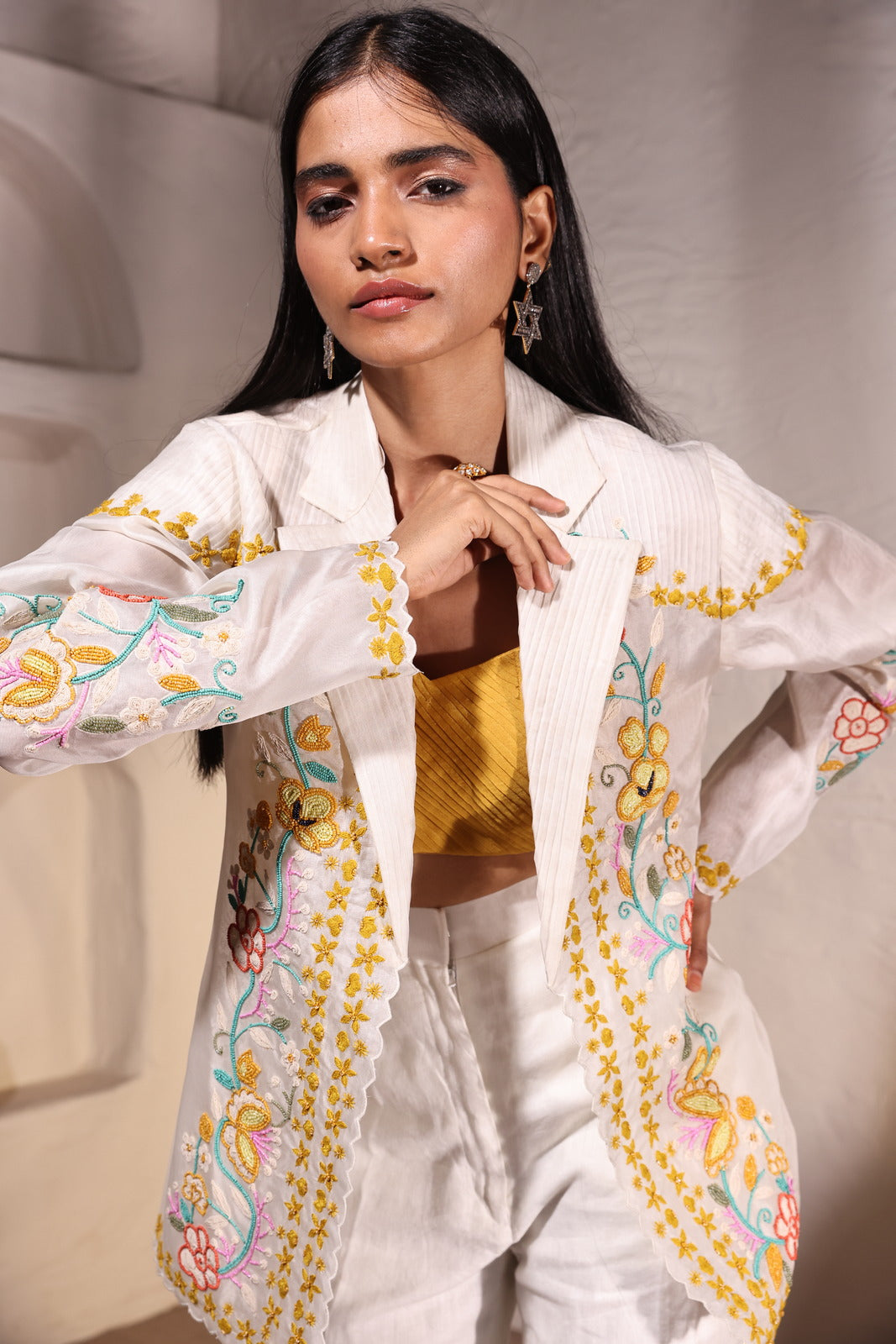 Golden Ivory Linen Ensemble With Organza Bustier & Beaded Jacket