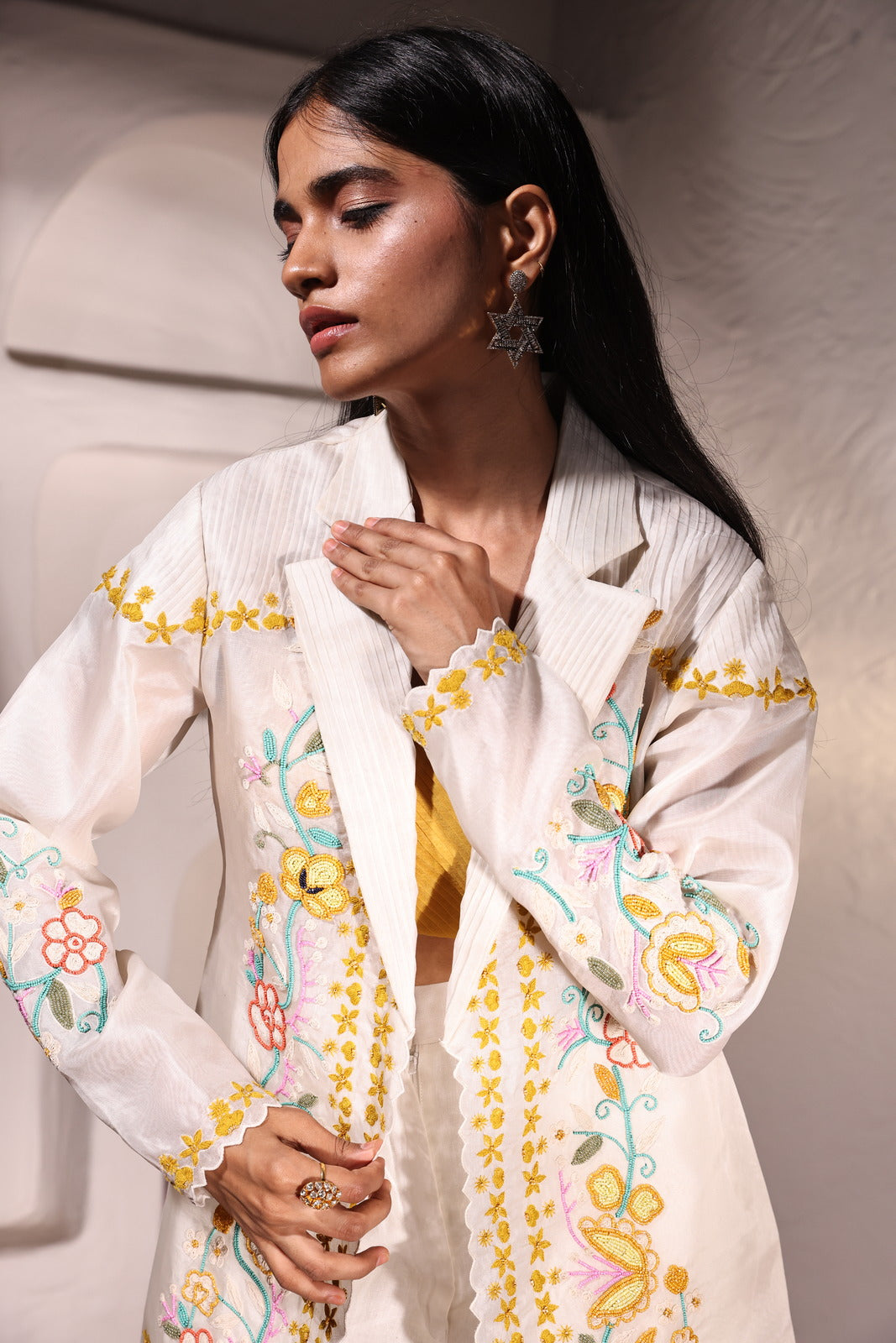 Golden Ivory Linen Ensemble With Organza Bustier & Beaded Jacket