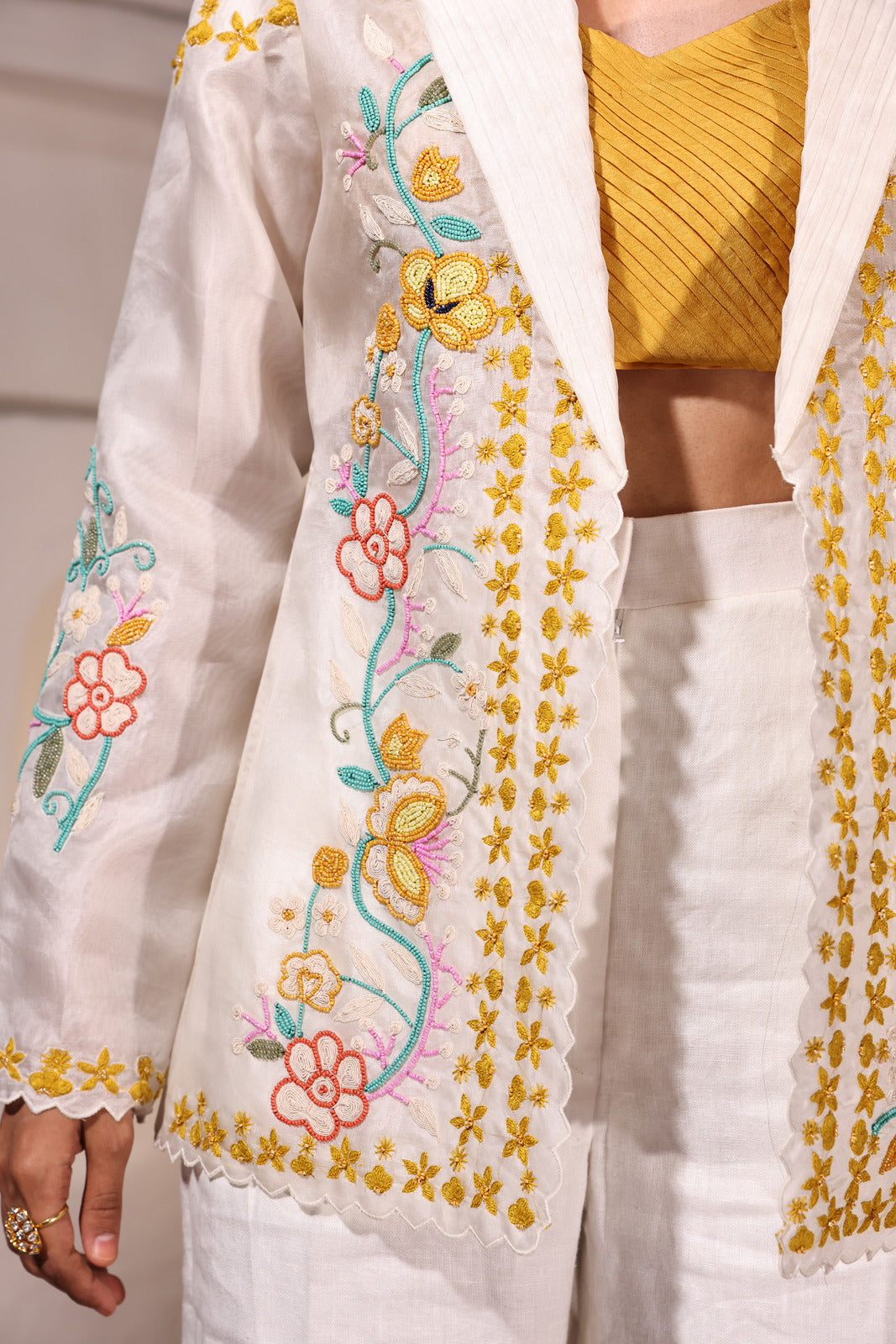 Golden Ivory Linen Ensemble With Organza Bustier & Beaded Jacket