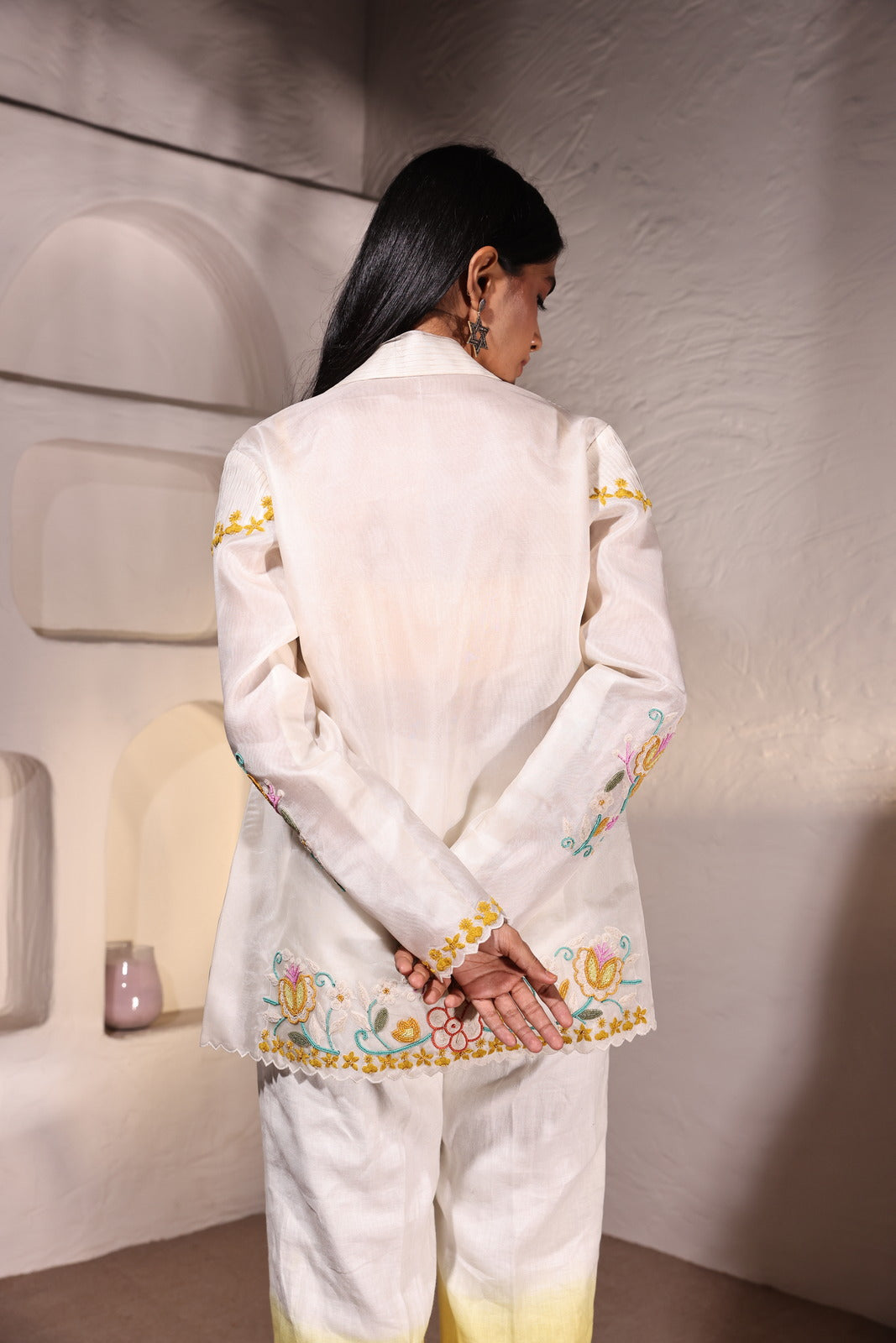 Golden Ivory Linen Ensemble With Organza Bustier & Beaded Jacket