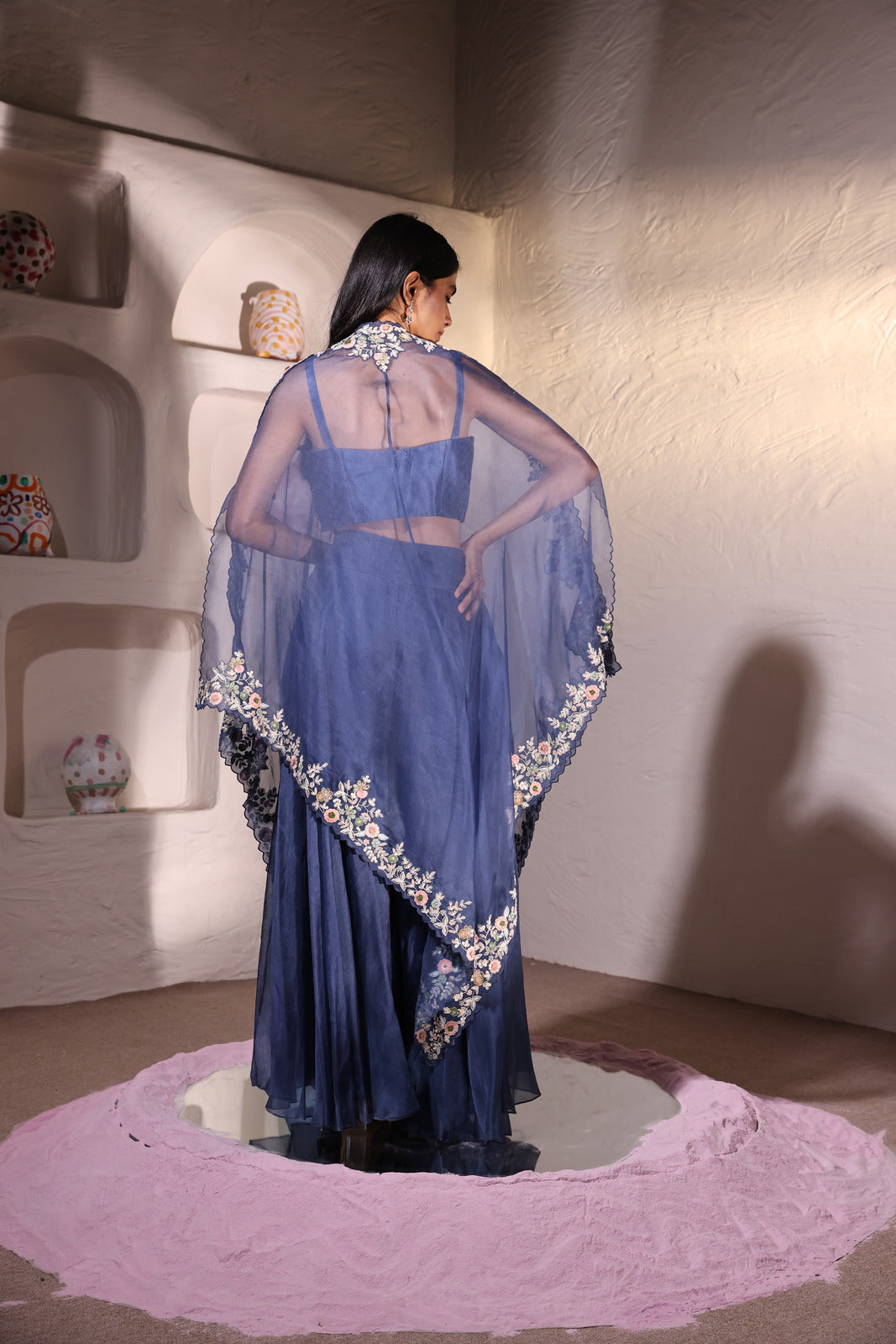 Midnight Marvel Organza Shoulder Cape With Organza Plazzo & Bustier