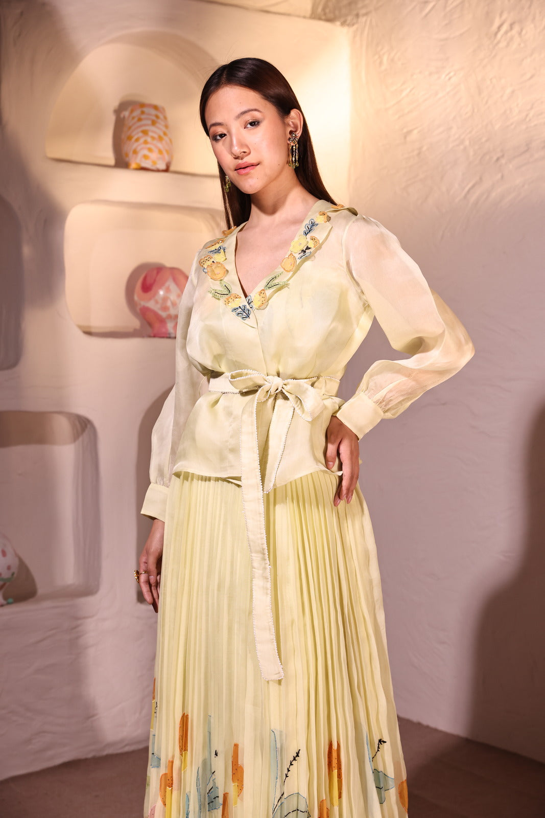 Sunflower Bliss Organza Jacket With Bustier & Organza Pleated Skirt