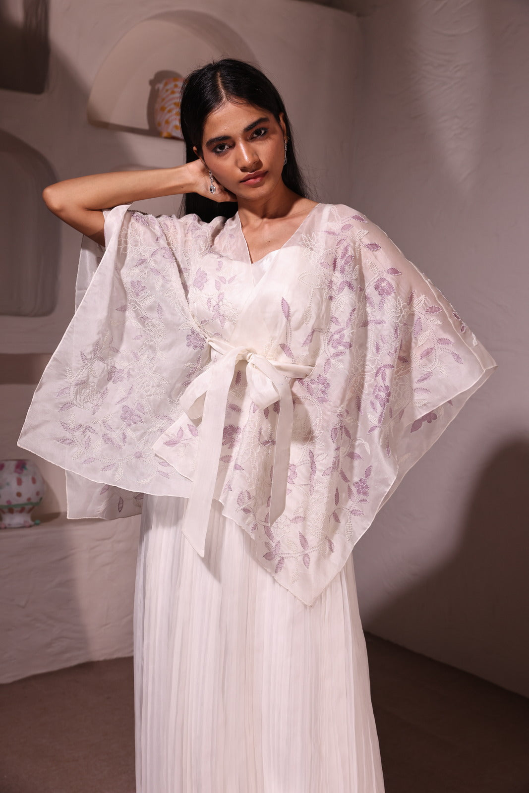 Pearl & Painted Ivory Ensemble Organza Cape Jacket With Organza Tube & Organza Pleated Skirt
