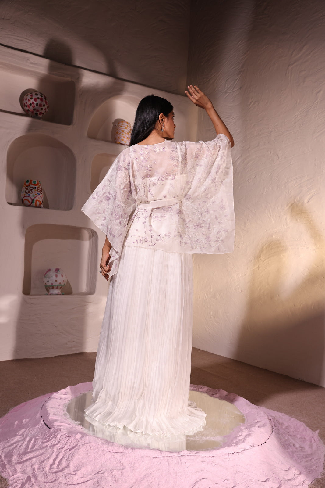 Pearl & Painted Ivory Ensemble Organza Cape Jacket With Organza Tube & Organza Pleated Skirt