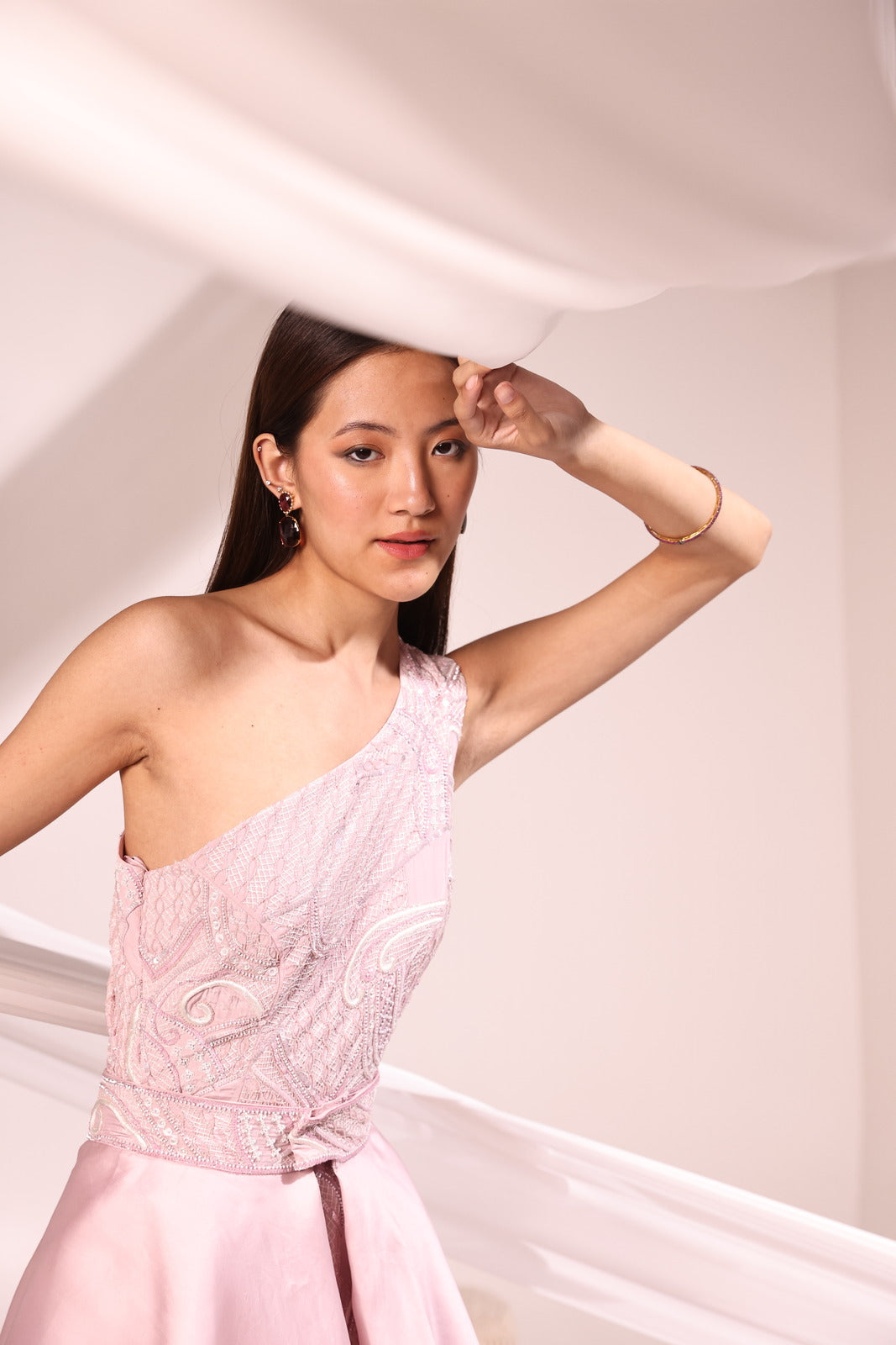 Blushing Lilac One Shoulder Fitted Crepe Gown With Satin Organza Waist Drape