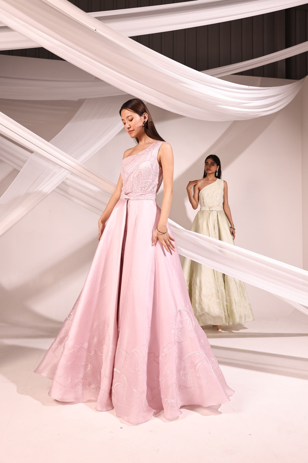 Blushing Lilac One Shoulder Fitted Crepe Gown With Satin Organza Waist Drape