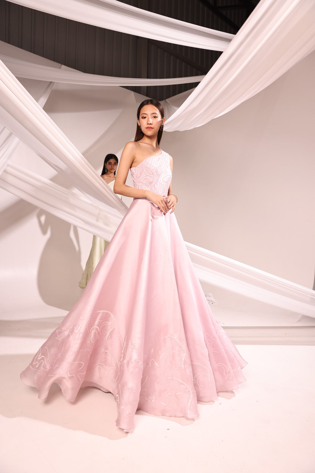 Blushing Lilac One Shoulder Fitted Crepe Gown With Satin Organza Waist Drape