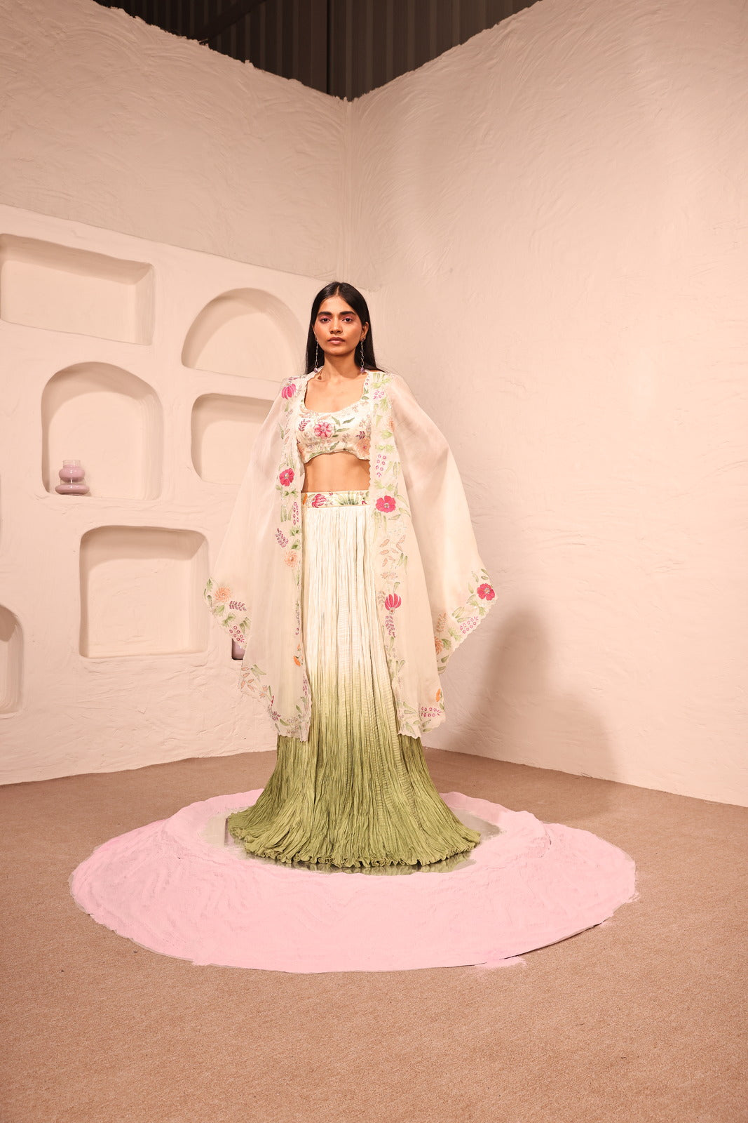 Serenity Springs Organza Shoulder Cape With Organza Bustier & Ombre Malai Silk Crushed Skirt