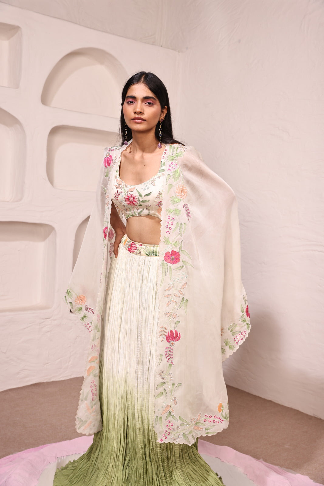 Serenity Springs Organza Shoulder Cape With Organza Bustier & Ombre Malai Silk Crushed Skirt